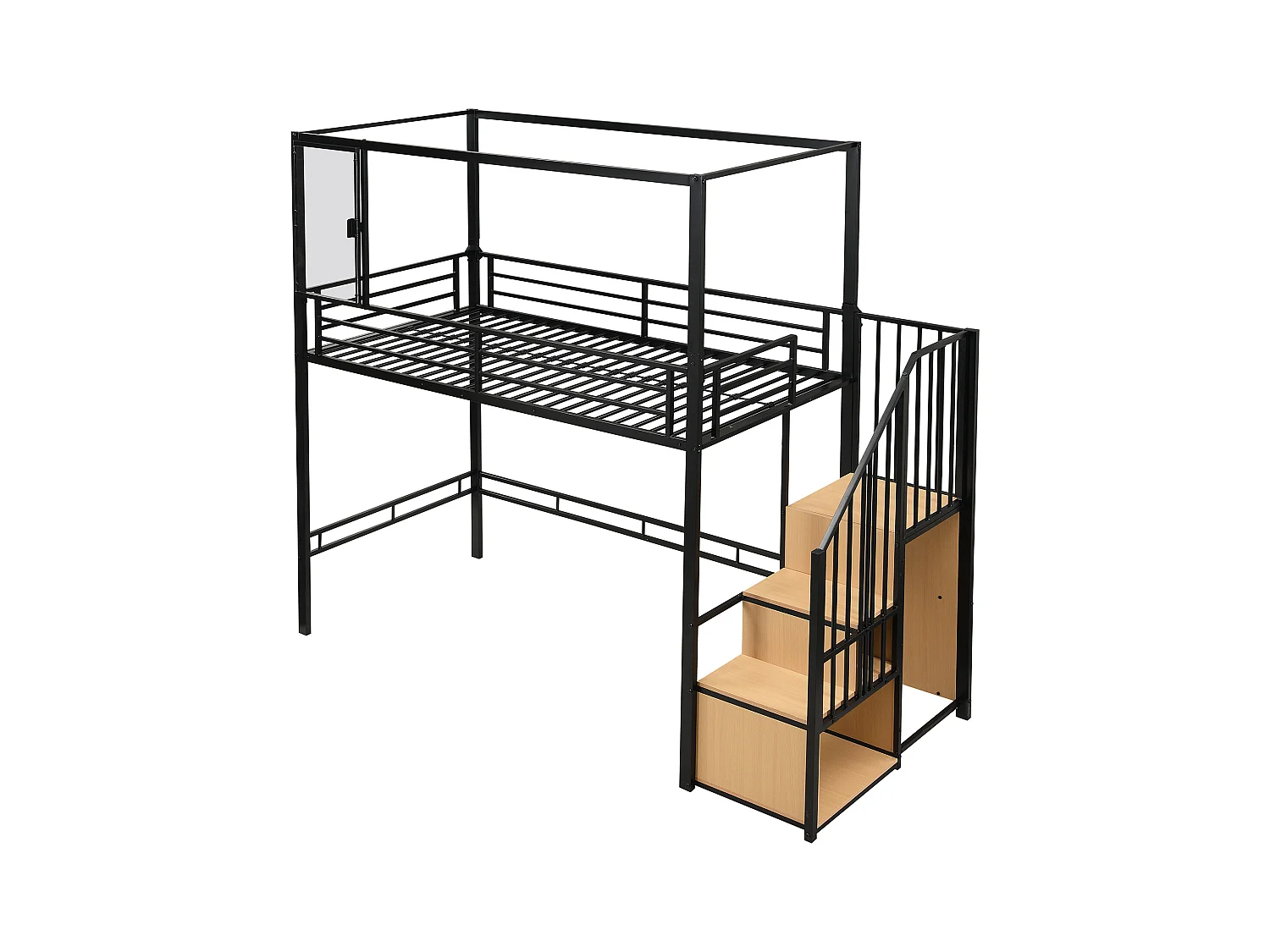 Lit mezzanine simple 90x200cm avec penderie, fenêtre et escalier de rangement, fer + MDF, noir + naturel (sans matelas)