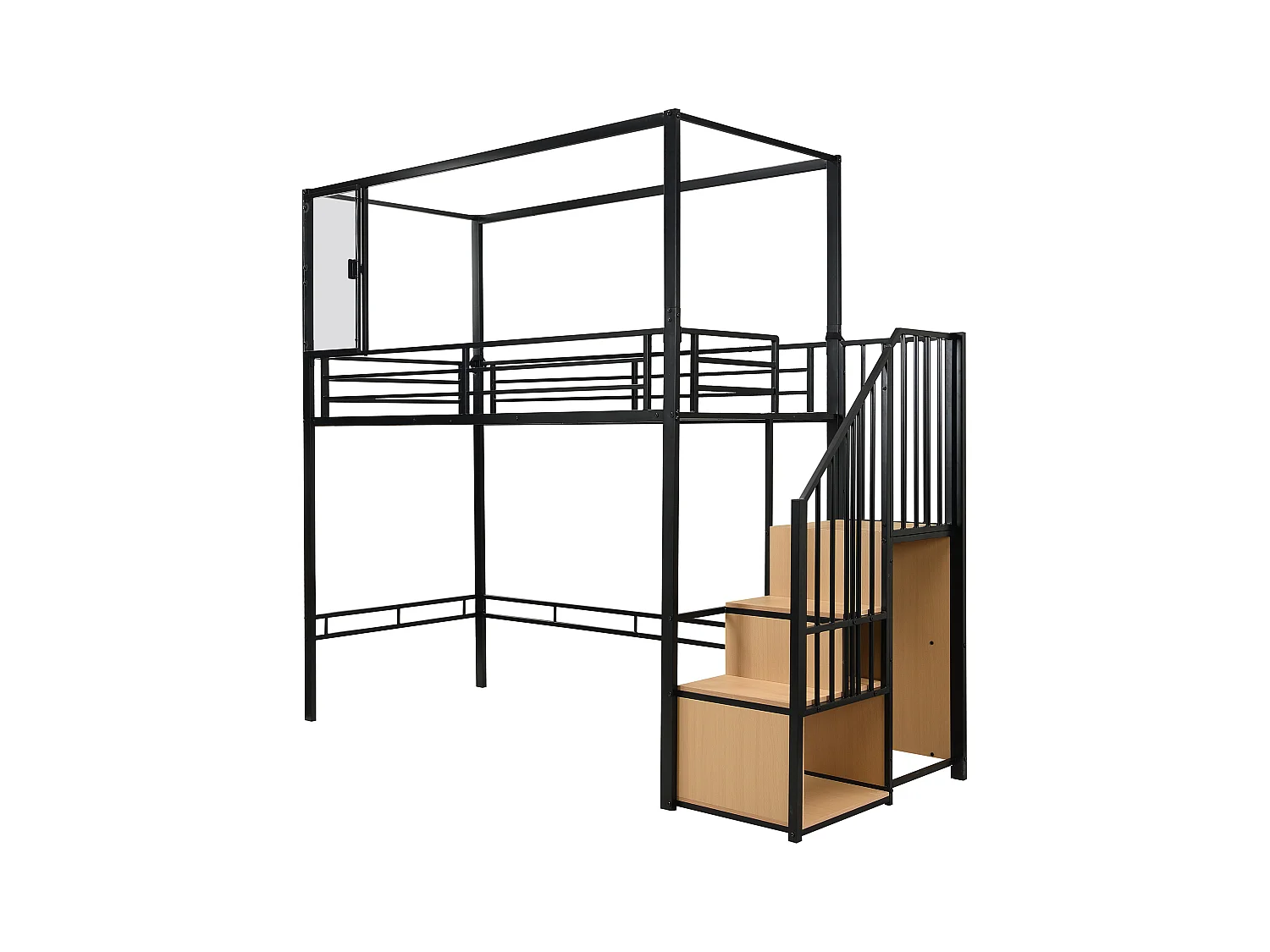 Lit mezzanine simple 90x200cm avec penderie, fenêtre et escalier de rangement, fer + MDF, noir + naturel (sans matelas)