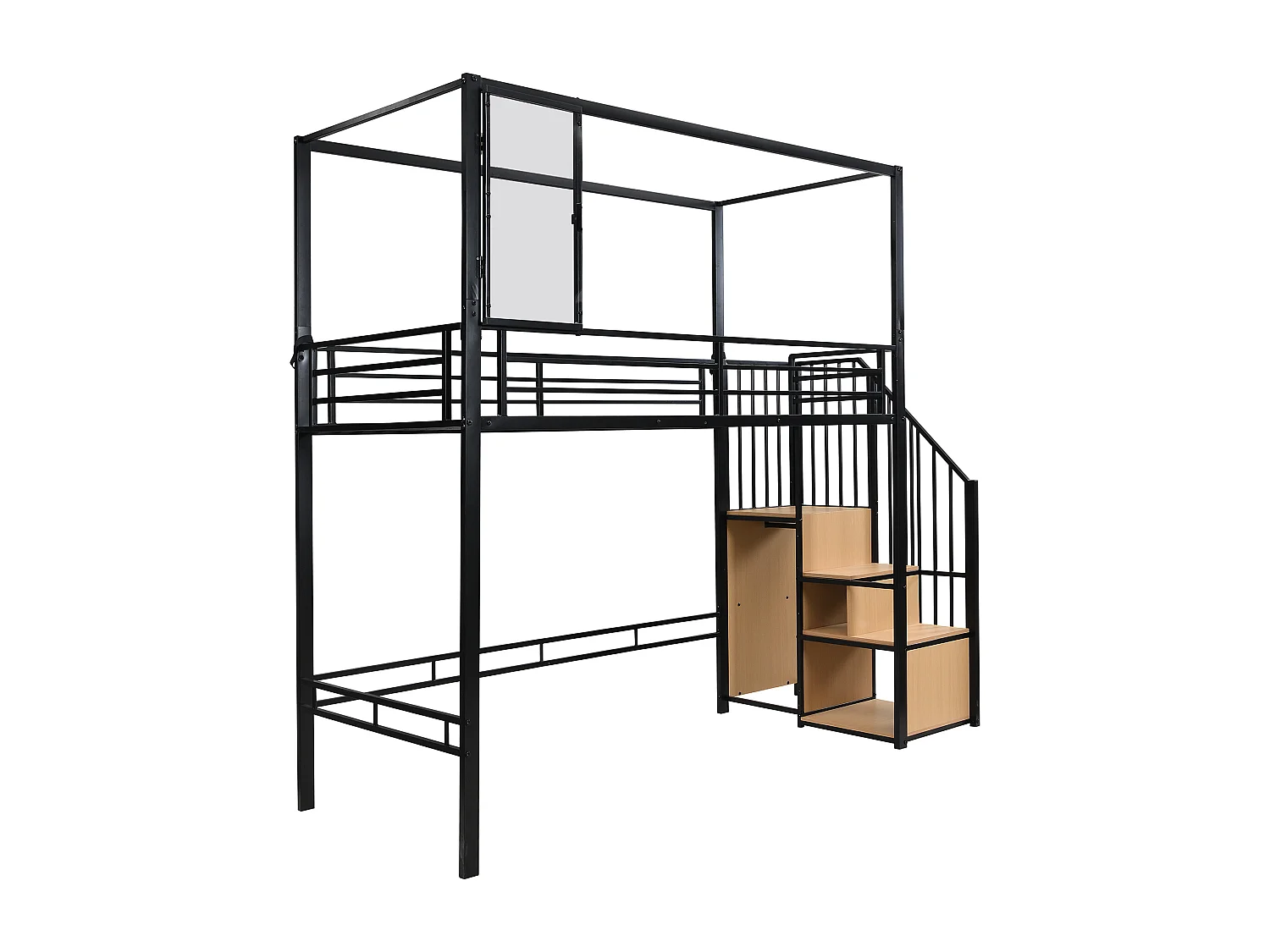 Lit mezzanine simple 90x200cm avec penderie, fenêtre et escalier de rangement, fer + MDF, noir + naturel (sans matelas)