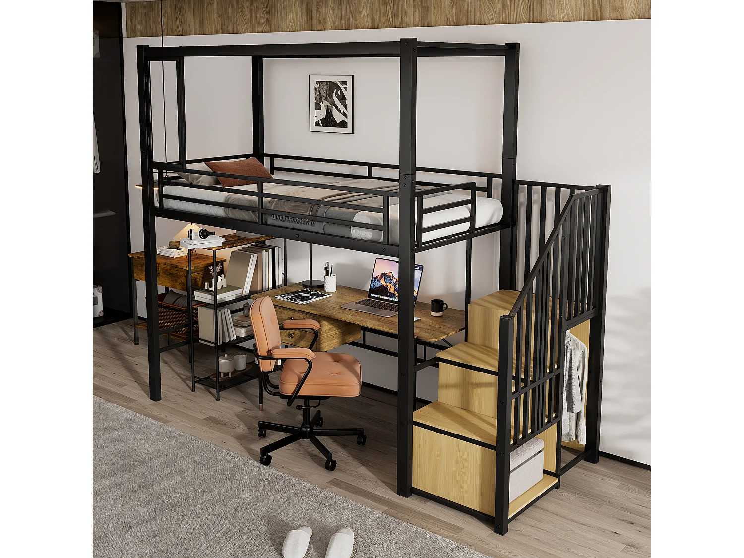 Cama de solteiro alta 90x200cm com roupeiro, janela e escada de arrumação, ferro + MDF, preto + natural (sem colchão)