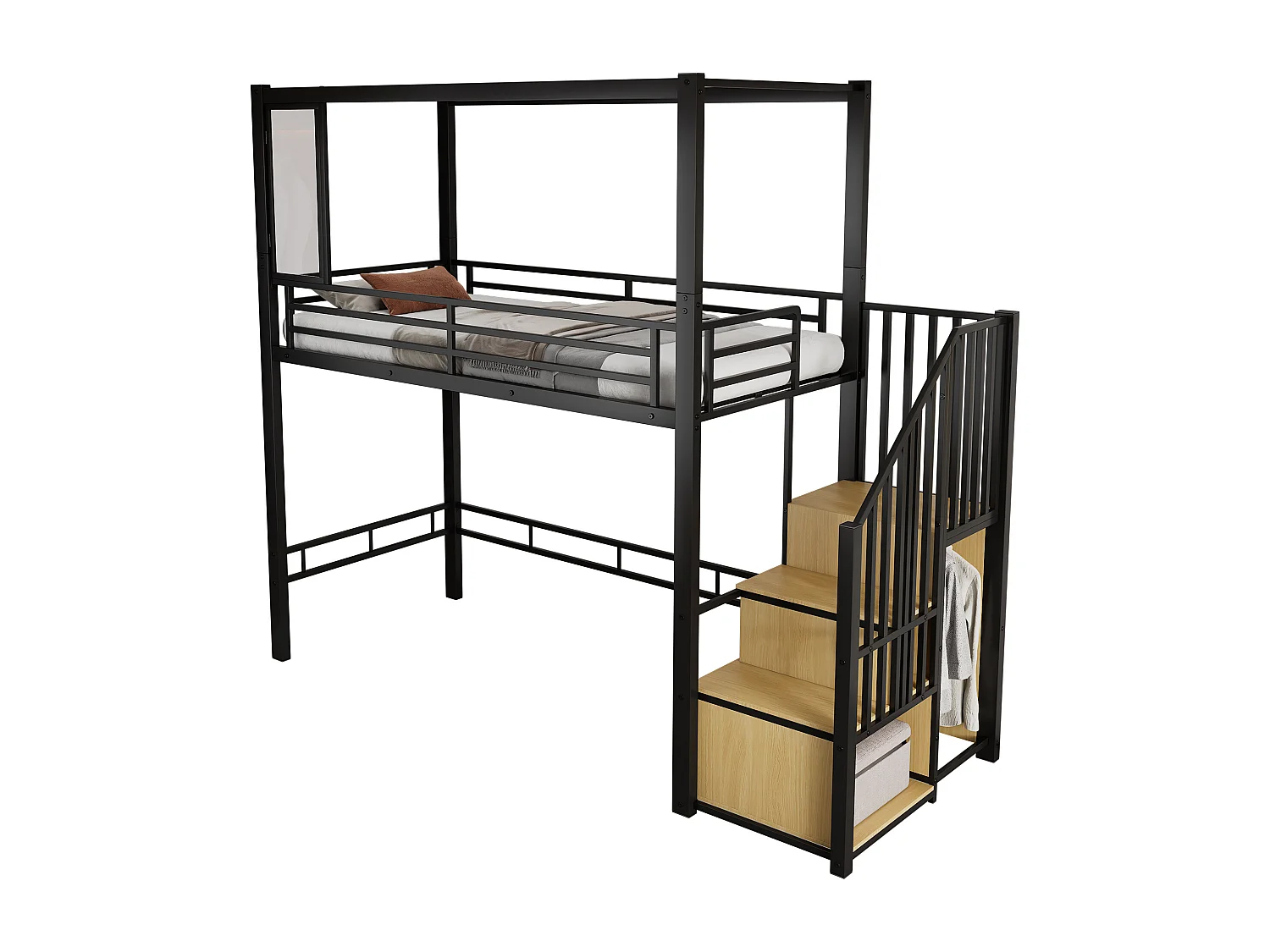Cama de solteiro alta 90x200cm com roupeiro, janela e escada de arrumação, ferro + MDF, preto + natural (sem colchão)
