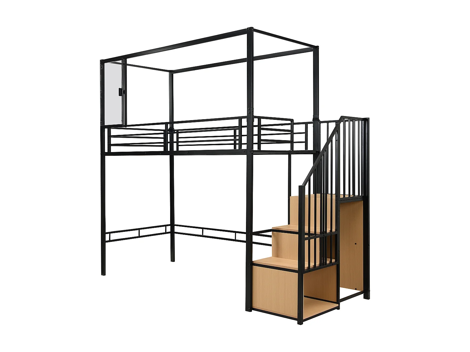 Cama de solteiro alta 90x200cm com roupeiro, janela e escada de arrumação, ferro + MDF, preto + natural (sem colchão)