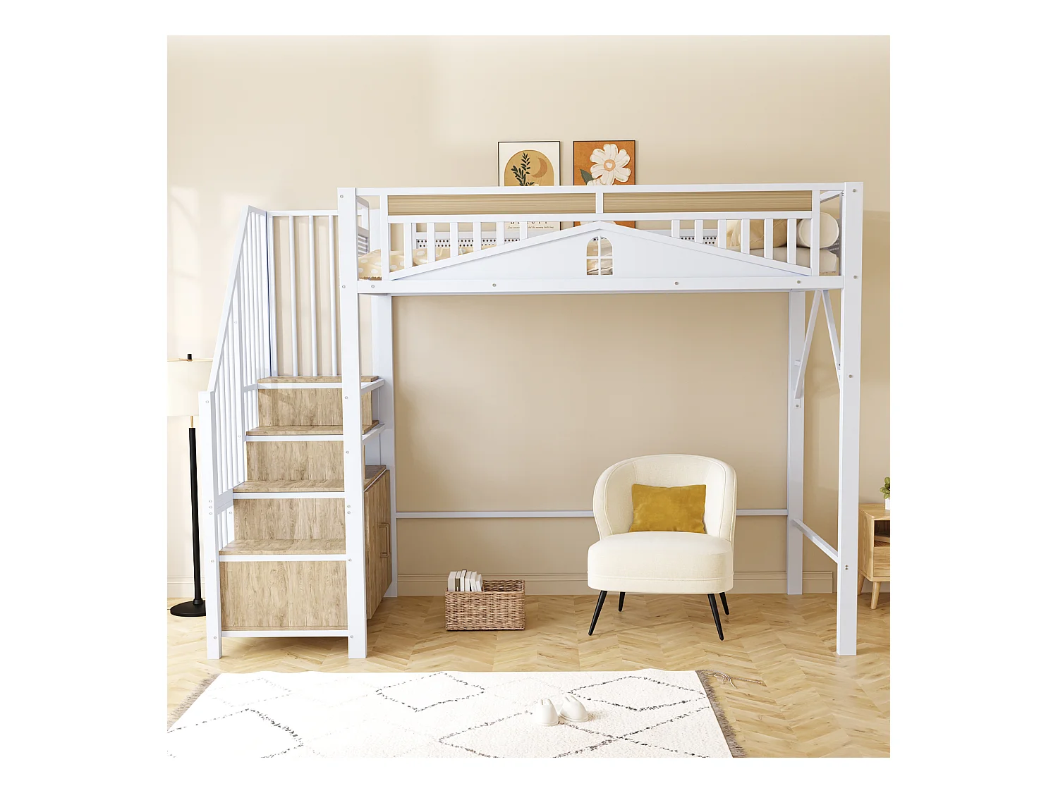 Lit mezzanine 90x200cm avec escalier de rangement et barrière de sécurité, blanc et naturel clair (sans matelas)