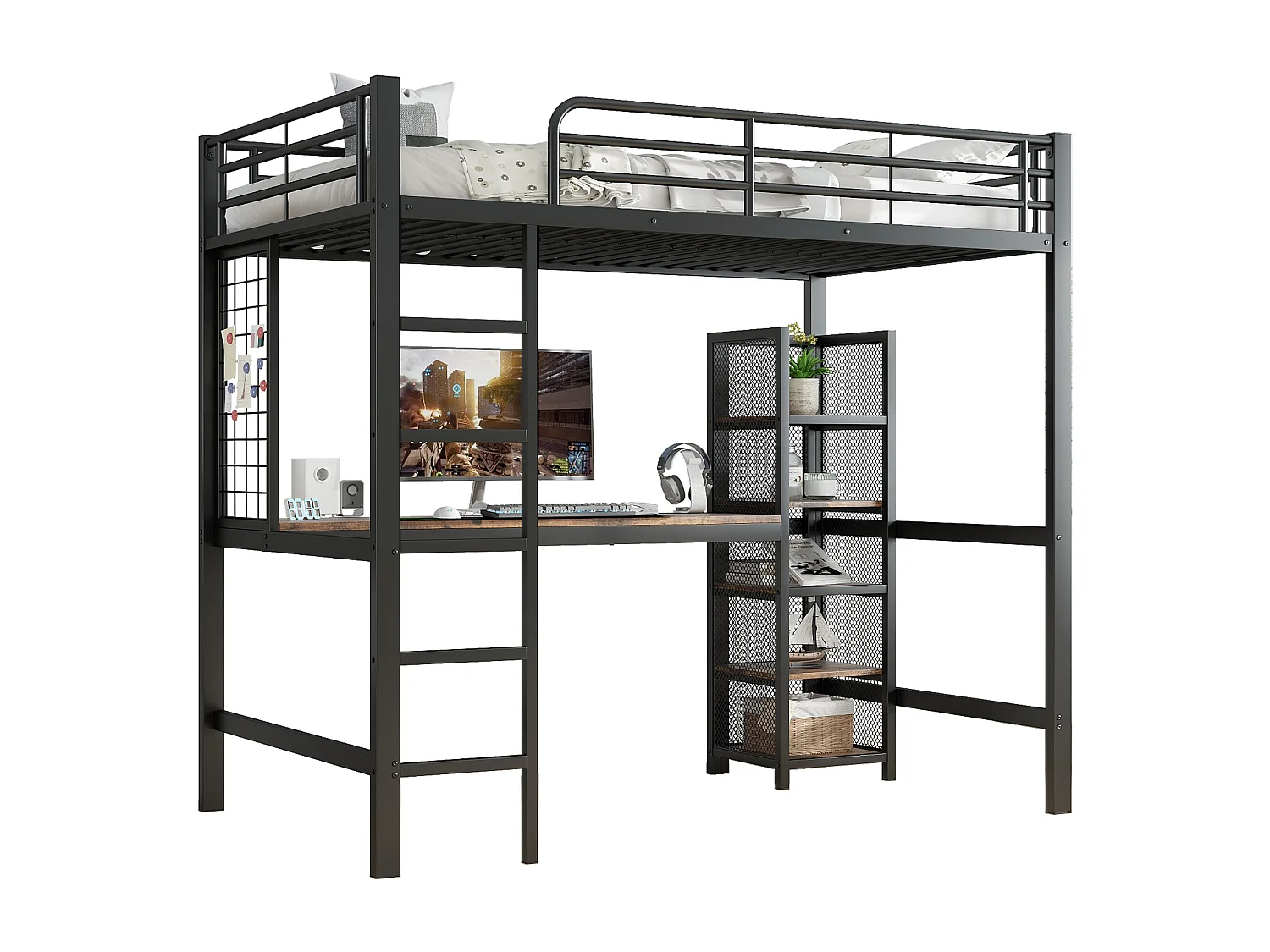 Cama alta 90x200cm com mesa e prateleira de arrumação multicamadas, ferro + MDF, preto + madeira escura (sem colchão)