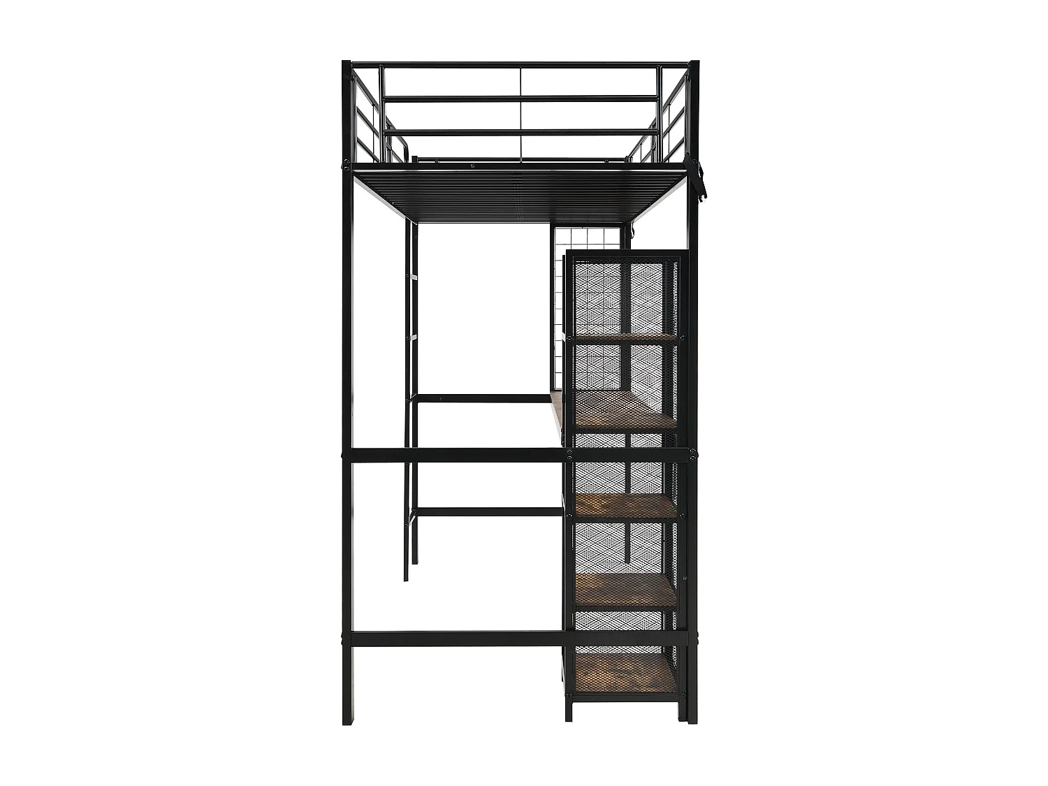 Cama alta 90x200cm com mesa e prateleira de arrumação multicamadas, ferro + MDF, preto + madeira escura (sem colchão)