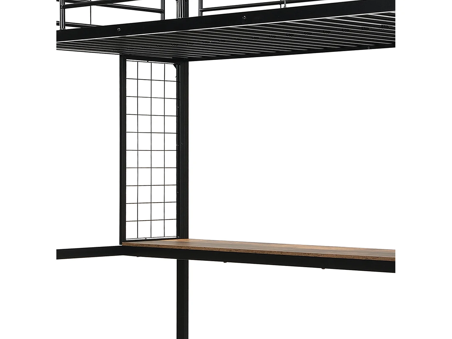 Cama alta 90x200cm com mesa e prateleira de arrumação multicamadas, ferro + MDF, preto + madeira escura (sem colchão)