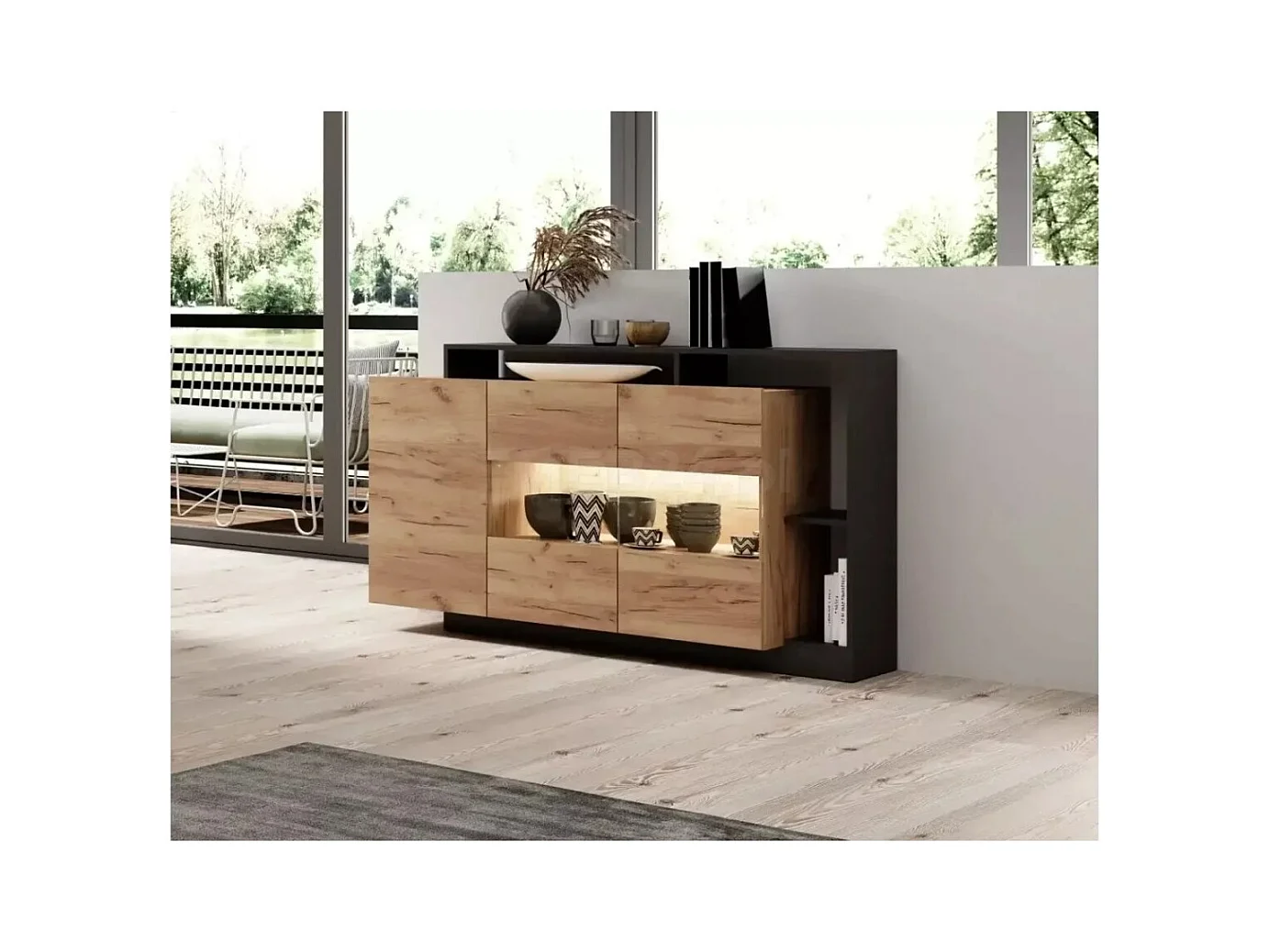 Sideboard Alva/LED/Drehtüren/Braun&Schwarz