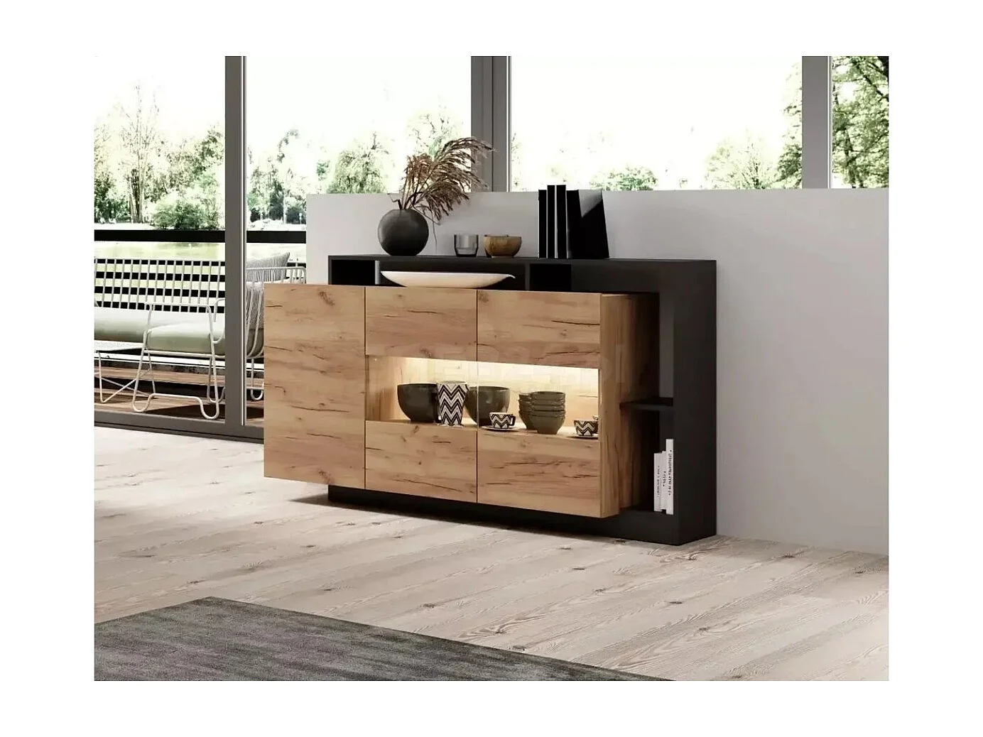 Sideboard Alva/LED/Drehtüren/Braun&Schwarz