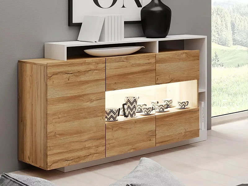 Credenza Alva/LED/Ante girevoli/Marrone e Bianco