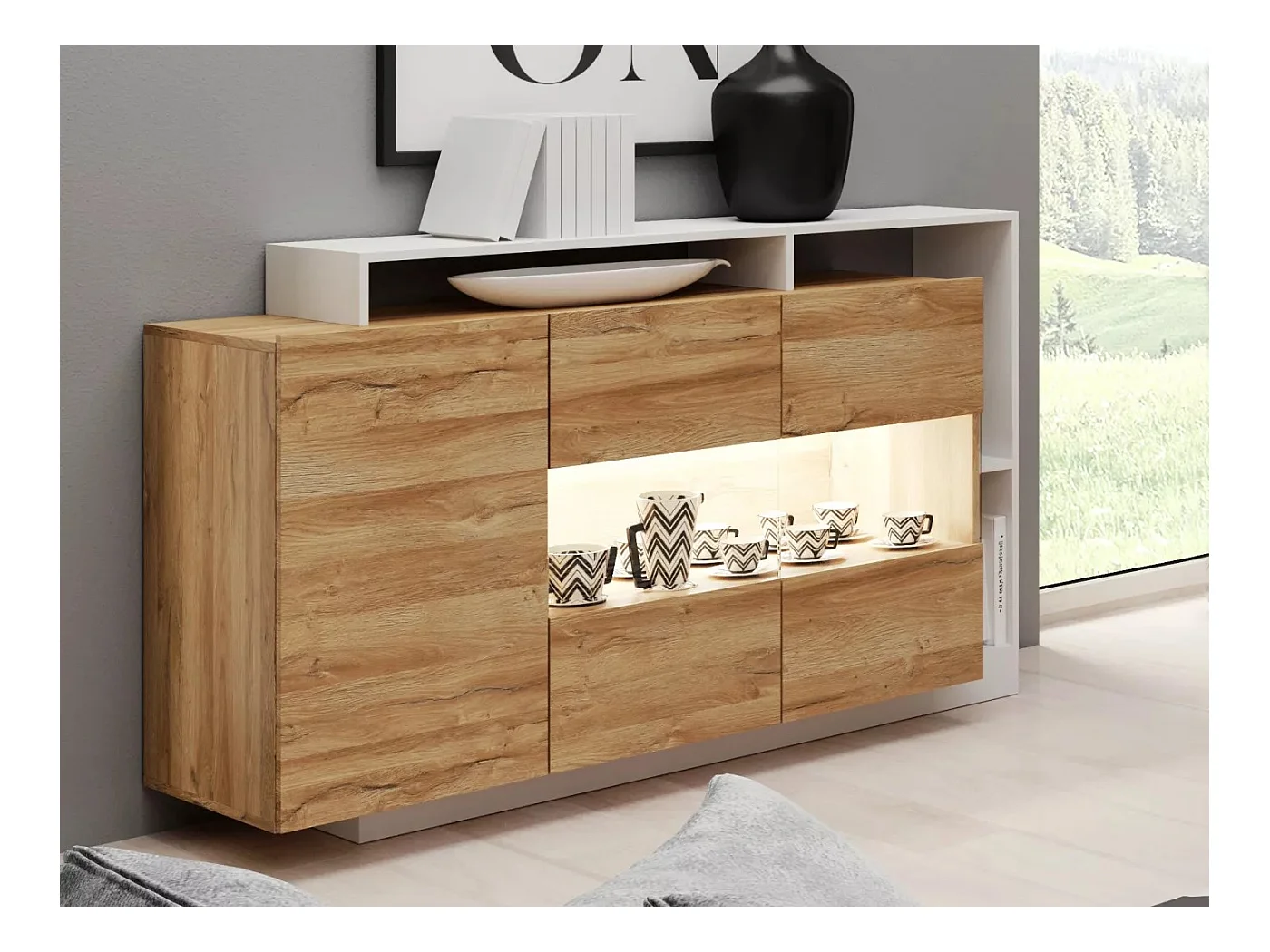 Sideboard Alva/LED/Drehtüren/Braun&Weiss