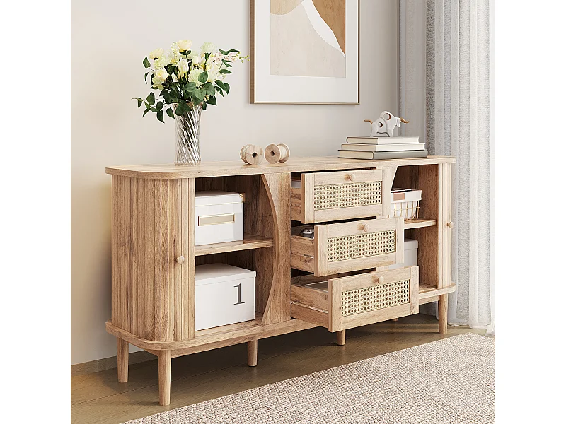 Dressoir met rond designblad 140,5 x 76 x 40 met 3 laden 2 deuren Combineert rustiek en elegantie