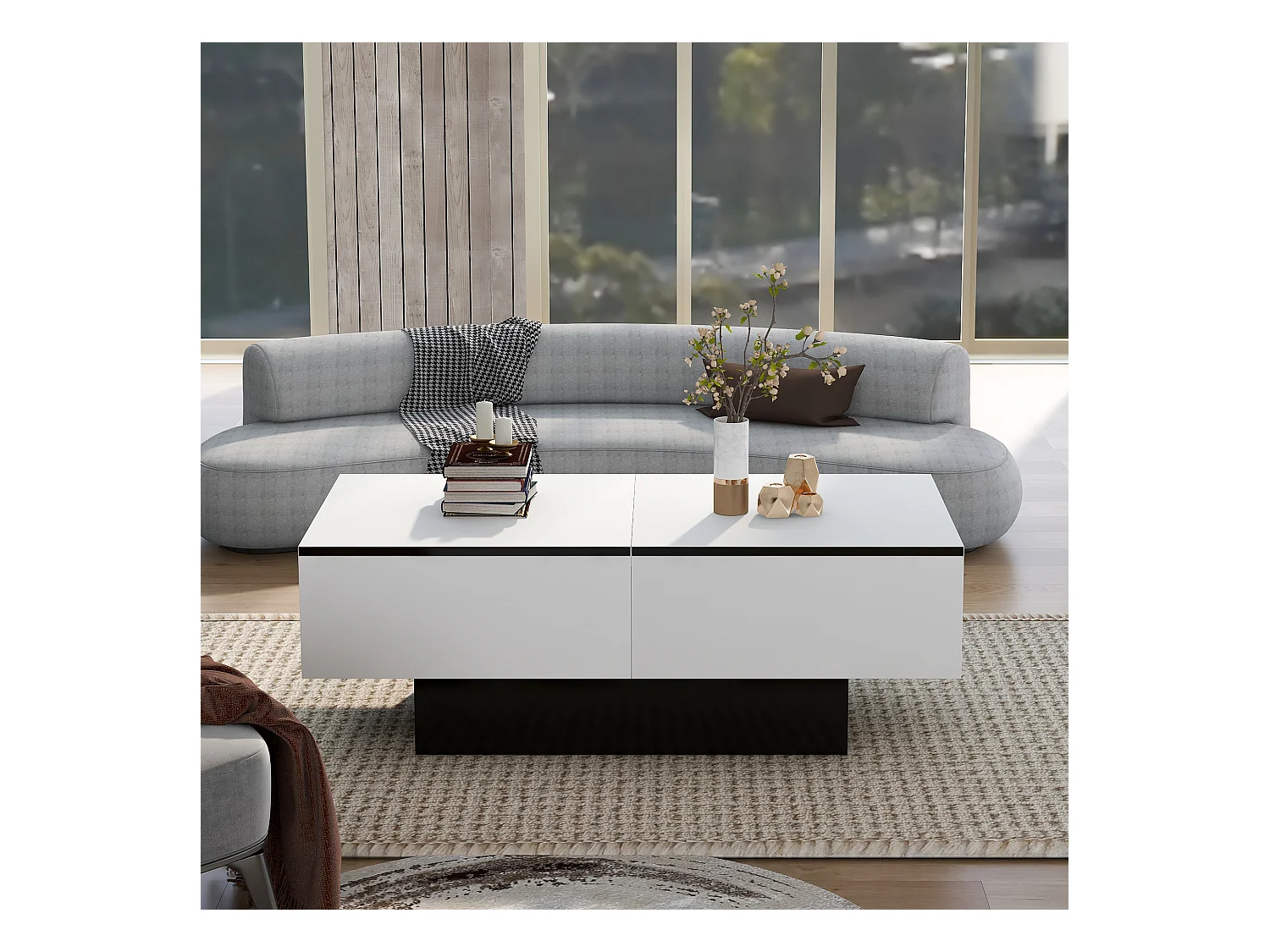 Table basse extensible rectangle blanc et noir laqué avec rangement caché