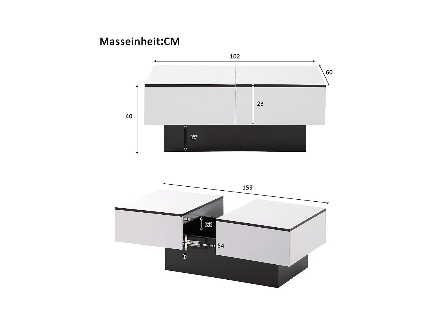 Table basse extensible rectangle blanc et noir laqué avec rangement caché