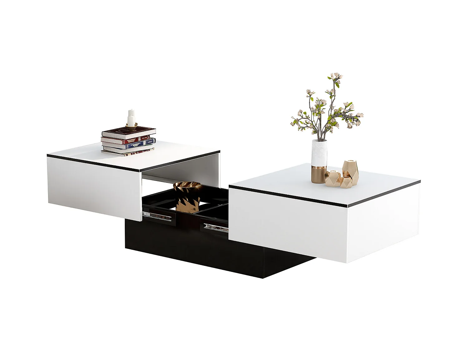 Table basse extensible rectangle blanc et noir laqué avec rangement caché