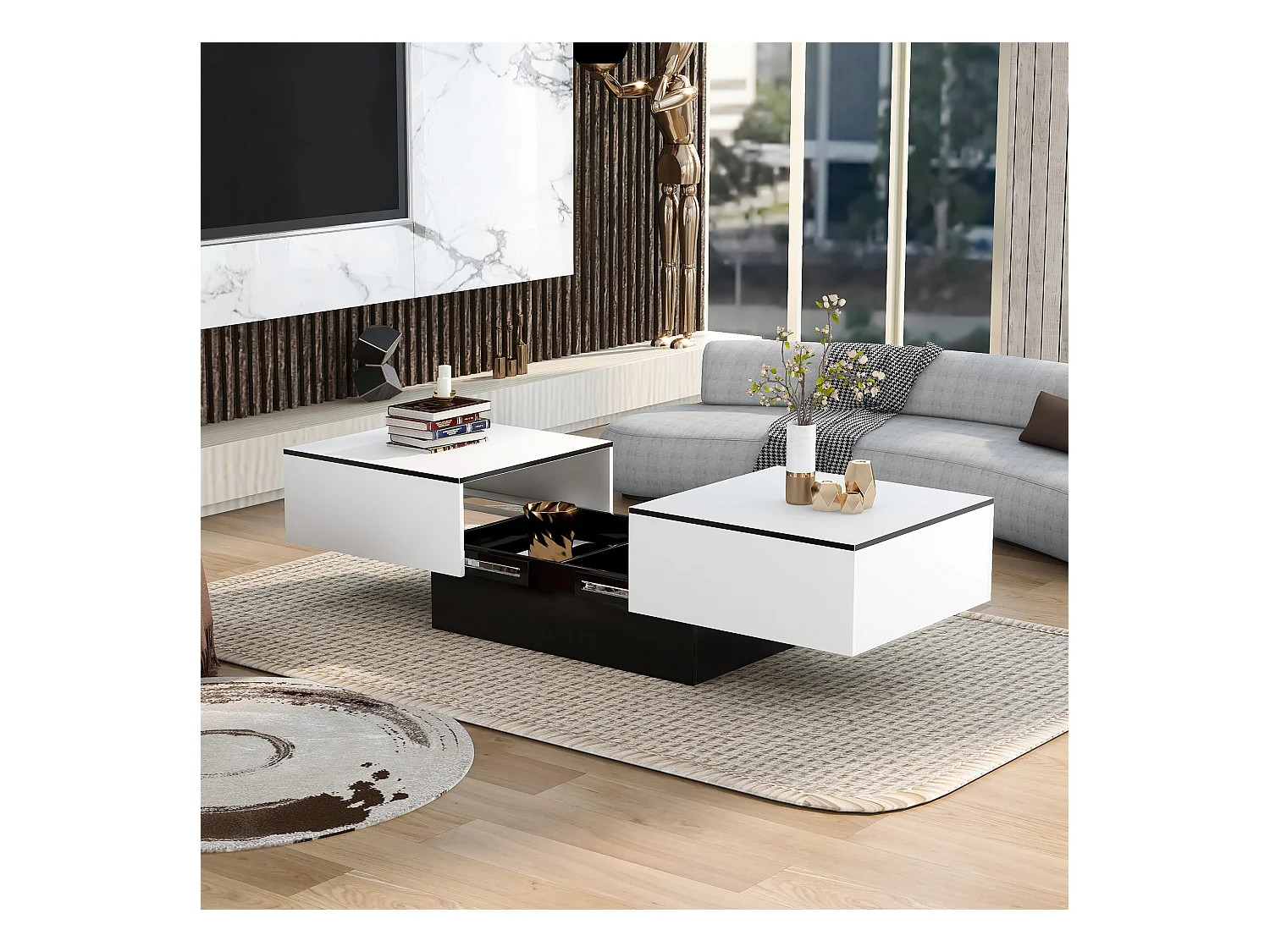 Table basse extensible rectangle blanc et noir laqué avec rangement caché