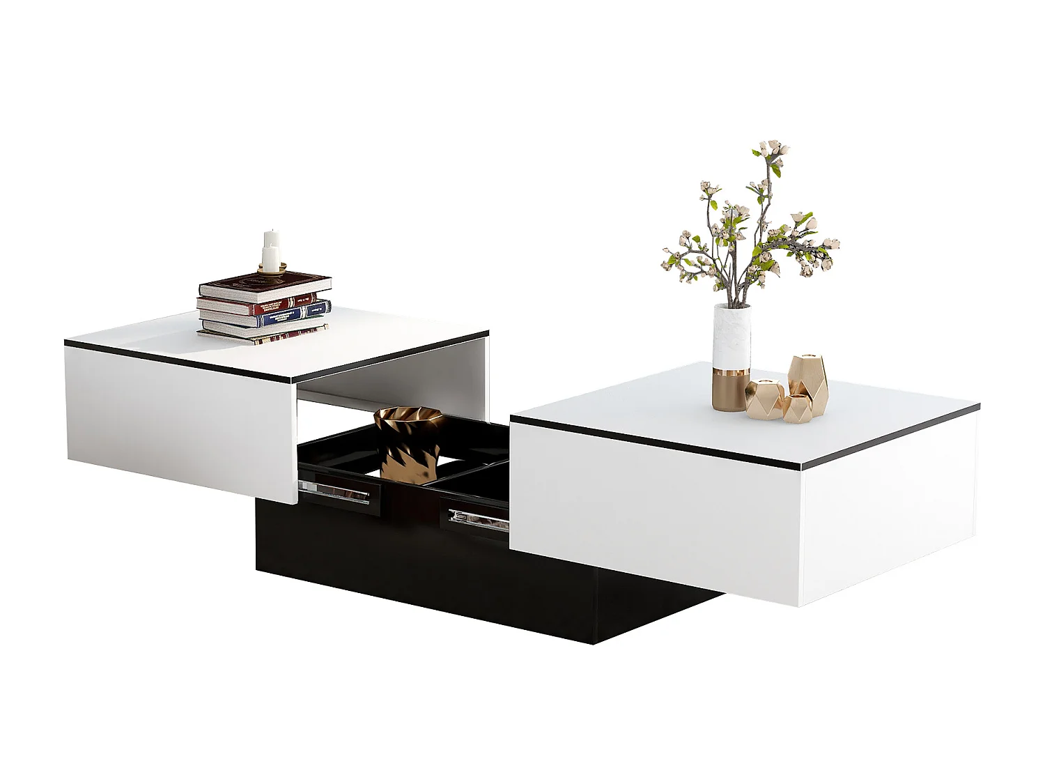 Table basse extensible rectangle blanc et noir laqué avec rangement caché