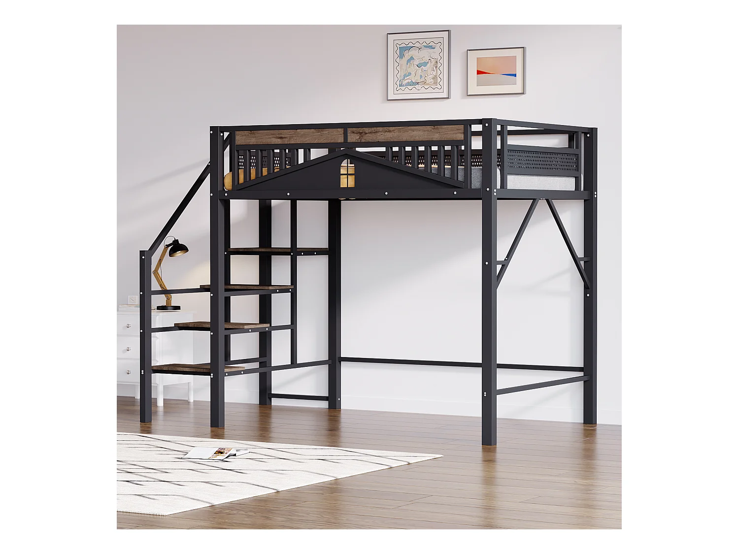 Lit mezzanine noir et bois foncé 140x200cm avec barrières de sécurité et escalier, métal + MDF (sans matelas)