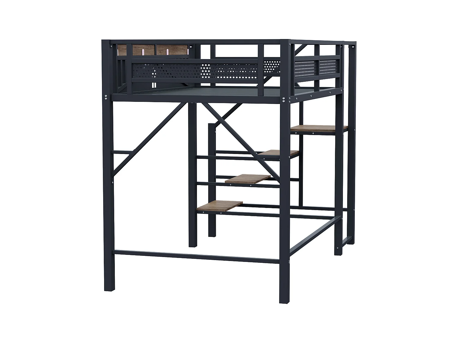 Lit mezzanine noir et bois foncé 140x200cm avec barrières de sécurité et escalier, métal + MDF (sans matelas)