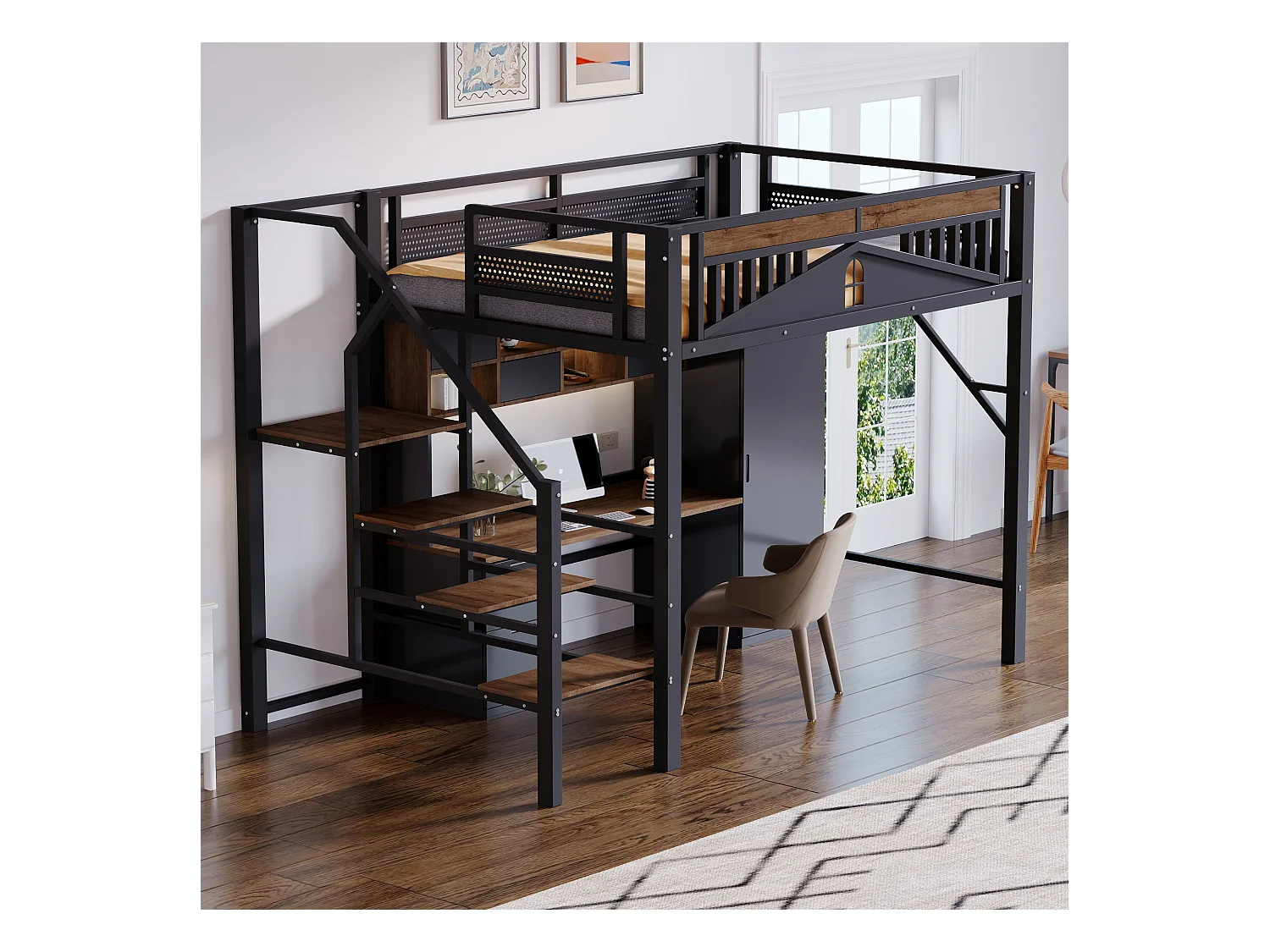 Lit mezzanine noir et bois foncé 140x200cm avec barrières de sécurité et escalier, métal + MDF (sans matelas)