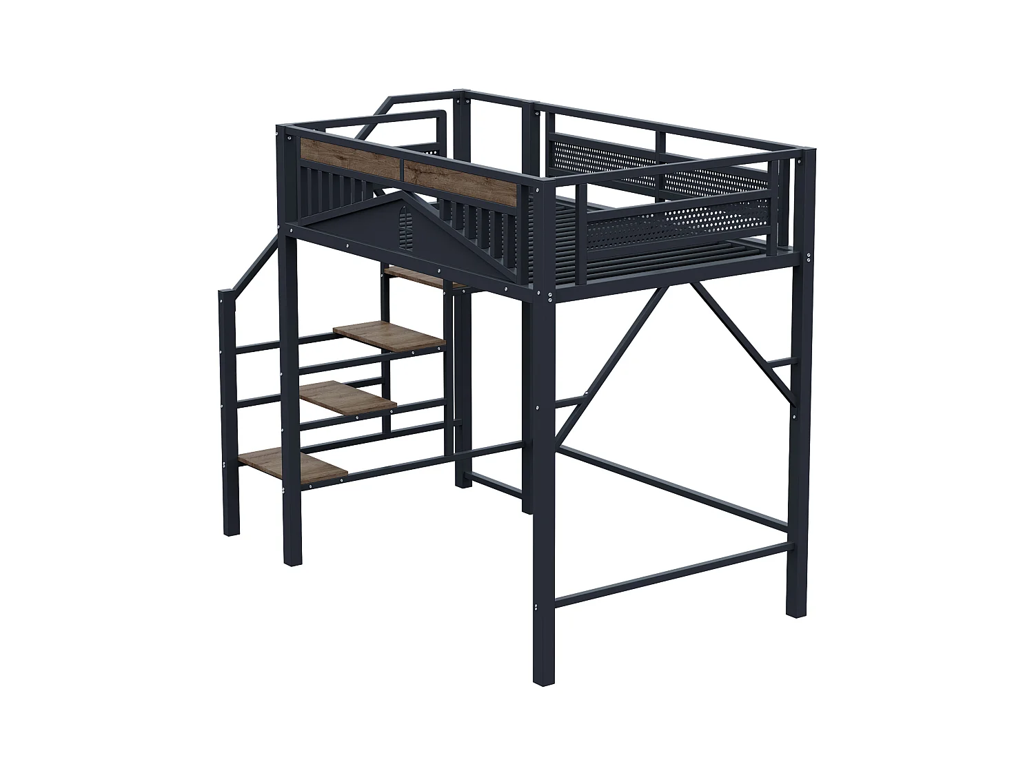 Lit mezzanine noir et bois foncé 140x200cm avec barrières de sécurité et escalier, métal + MDF (sans matelas)