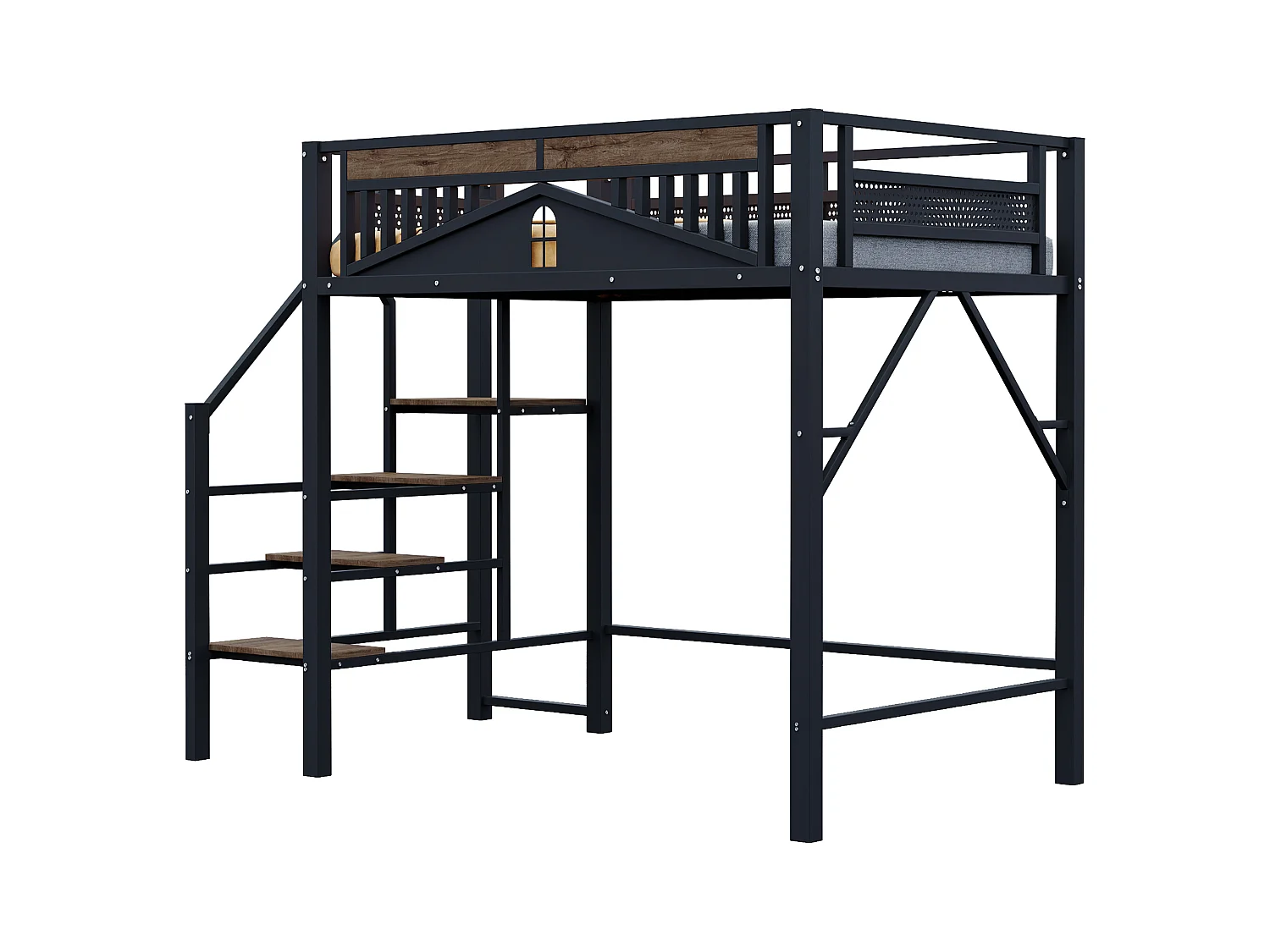 Lit mezzanine noir et bois foncé 140x200cm avec barrières de sécurité et escalier, métal + MDF (sans matelas)