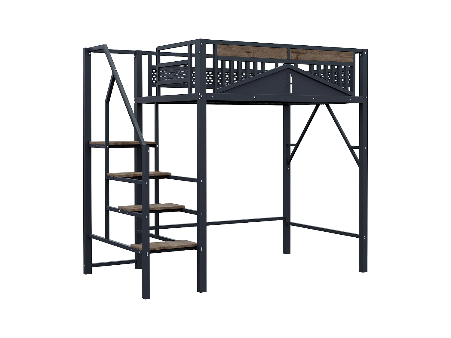 Lit mezzanine noir et bois foncé 140x200cm avec barrières de sécurité et escalier, métal + MDF (sans matelas)