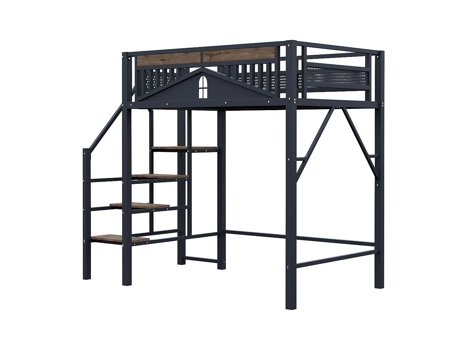 Lit mezzanine noir et bois foncé 140x200cm avec barrières de sécurité et escalier, métal + MDF (sans matelas)