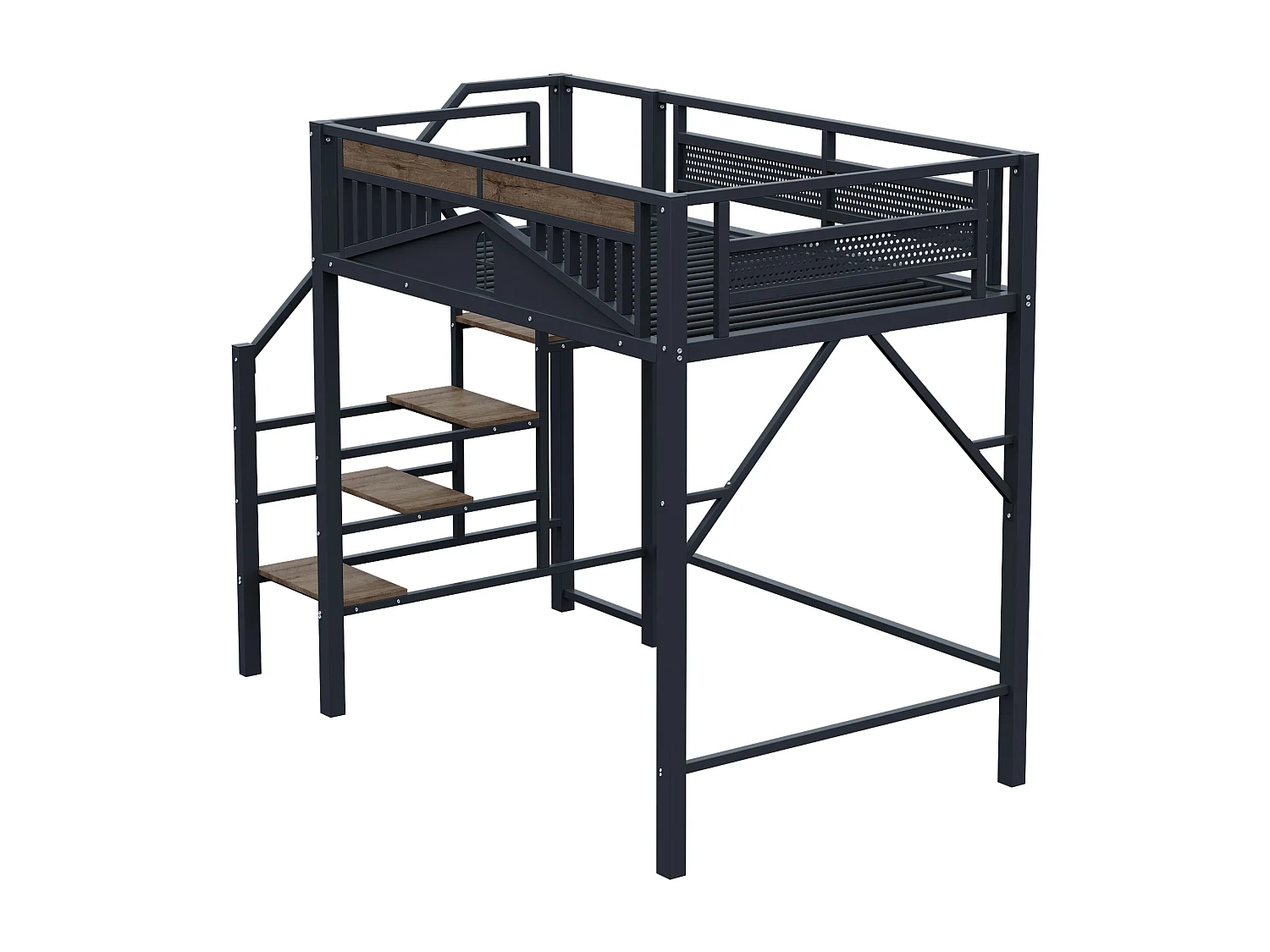 Lit mezzanine noir et bois foncé 140x200cm avec barrières de sécurité et escalier, métal + MDF (sans matelas)