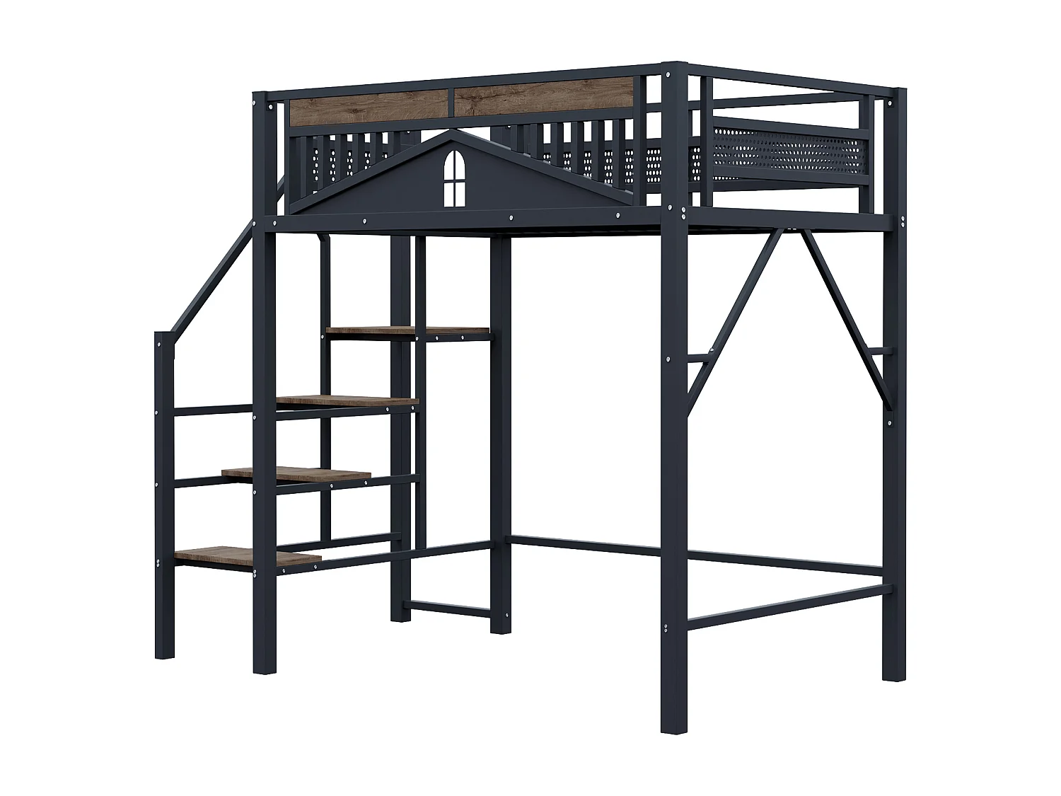 Lit mezzanine noir et bois foncé 140x200cm avec barrières de sécurité et escalier, métal + MDF (sans matelas)