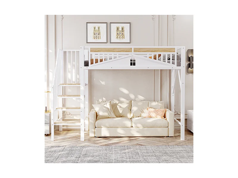 Lit mezzanine blanc et bois 90x200cm avec barrières de sécurité et escalier, métal + MDF (sans matelas)