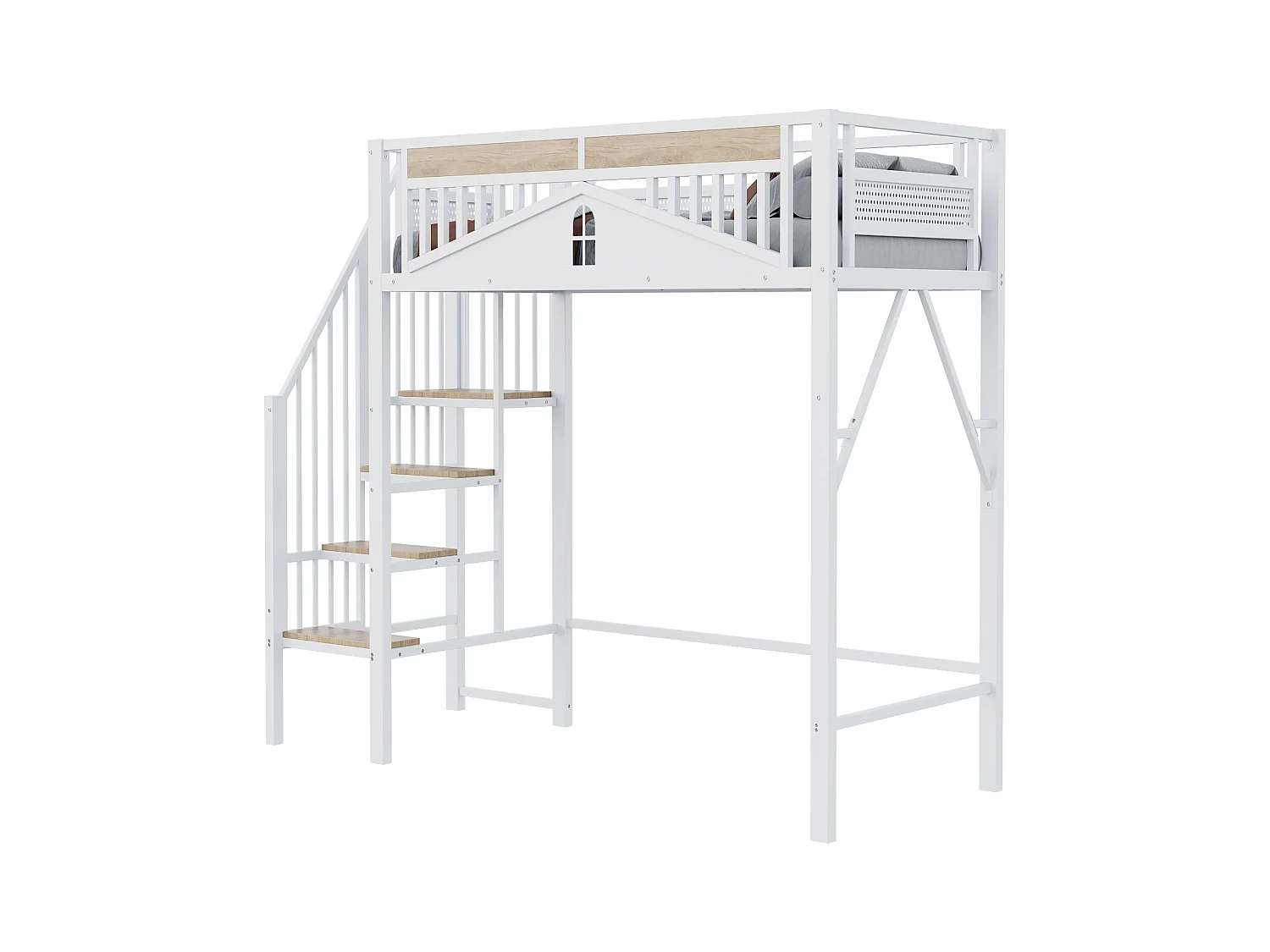 Lit mezzanine blanc et bois 90x200cm avec barrières de sécurité et escalier, métal + MDF (sans matelas)