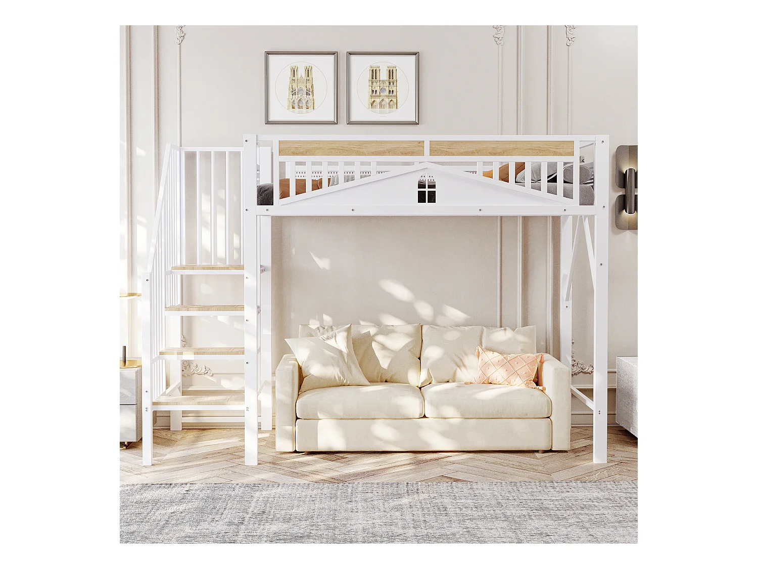 Lit mezzanine blanc et bois 90x200cm avec barrières de sécurité et escalier, métal + MDF (sans matelas)