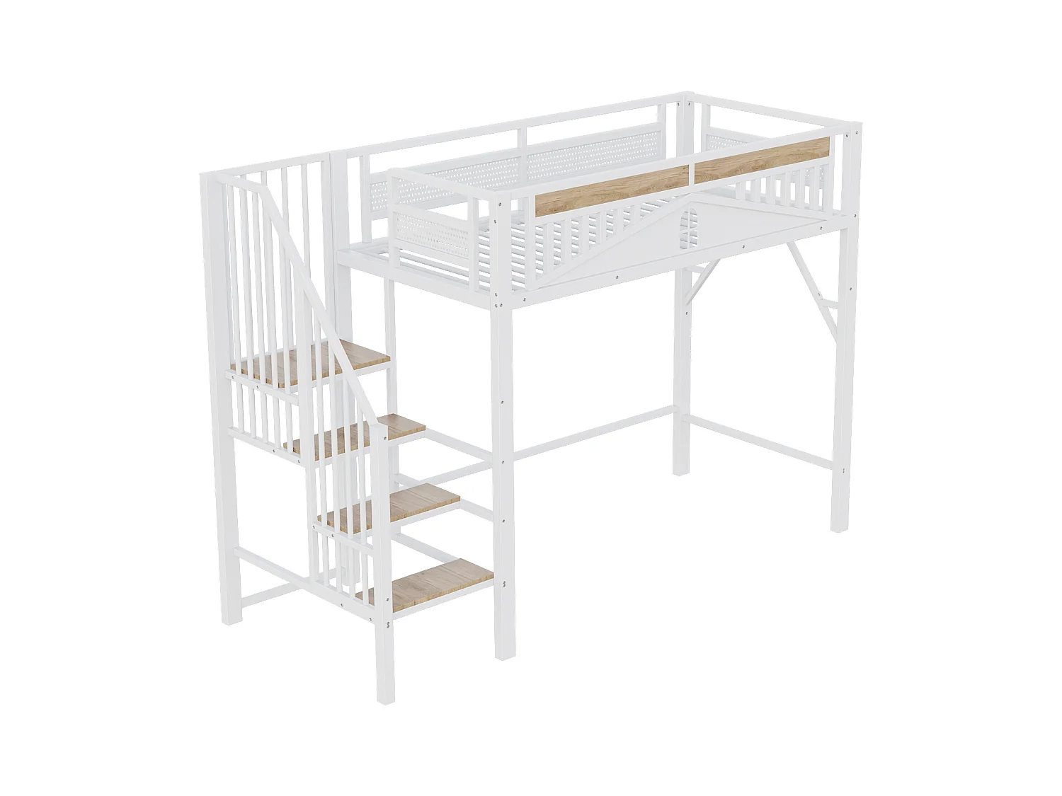 Lit mezzanine blanc et bois 90x200cm avec barrières de sécurité et escalier, métal + MDF (sans matelas)