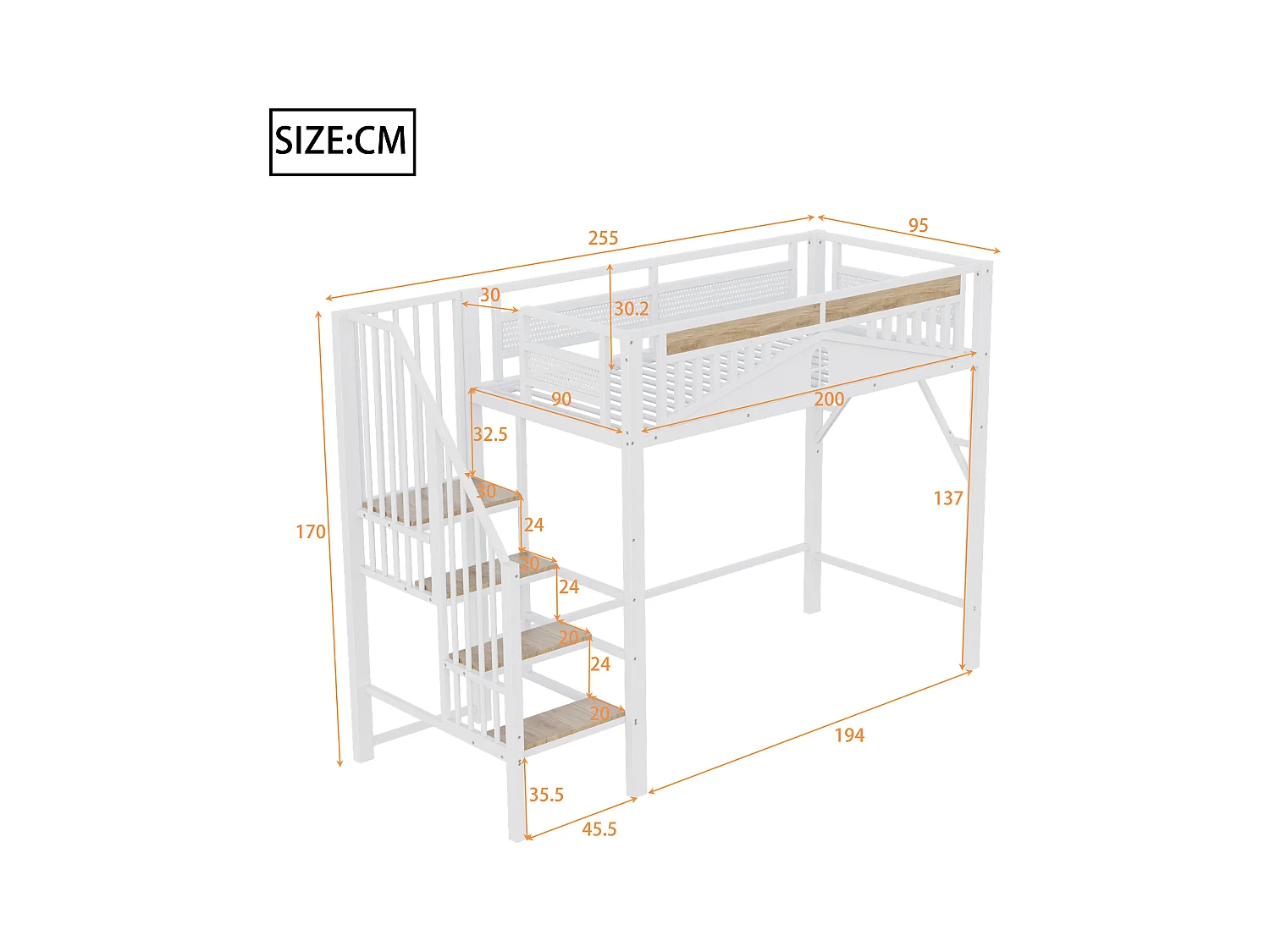 Lit mezzanine blanc et bois 90x200cm avec barrières de sécurité et escalier, métal + MDF (sans matelas)