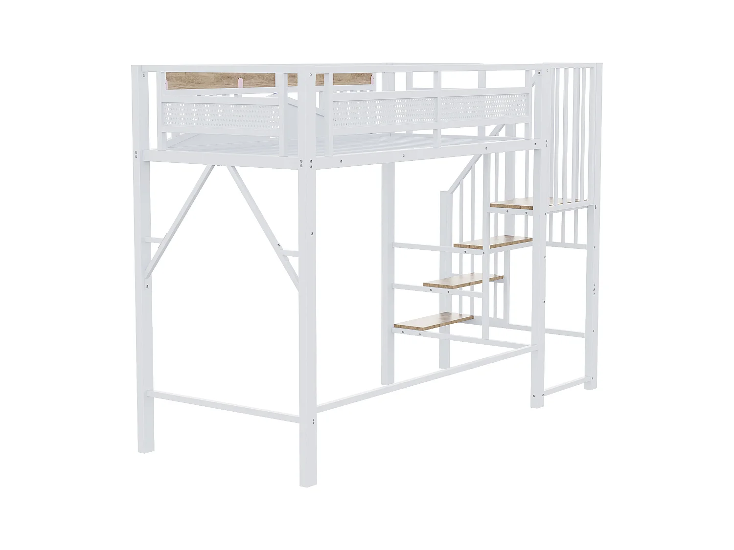 Lit mezzanine blanc et bois 90x200cm avec barrières de sécurité et escalier, métal + MDF (sans matelas)