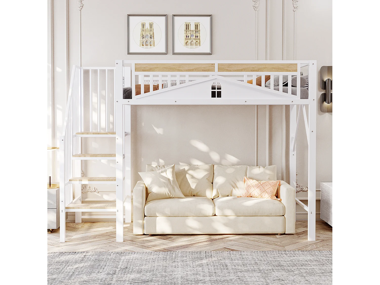 Lit mezzanine blanc et bois 90x200cm avec barrières de sécurité et escalier, métal + MDF (sans matelas)