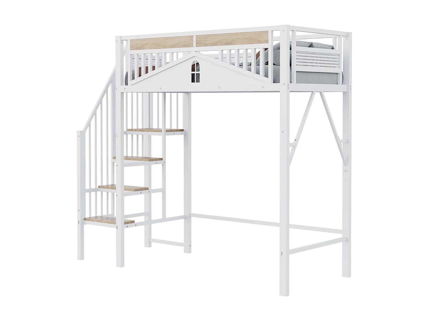 Lit mezzanine blanc et bois 90x200cm avec barrières de sécurité et escalier, métal + MDF (sans matelas)