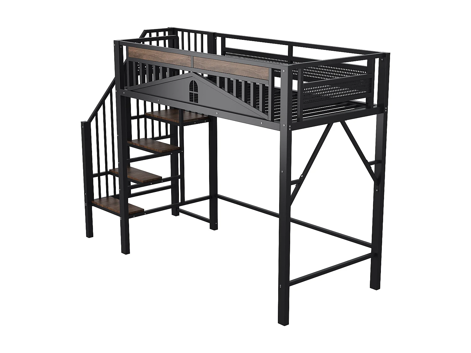 Lit mezzanine noir et bois foncé 90x200cm avec barrières de sécurité et escalier, métal + MDF (sans matelas)