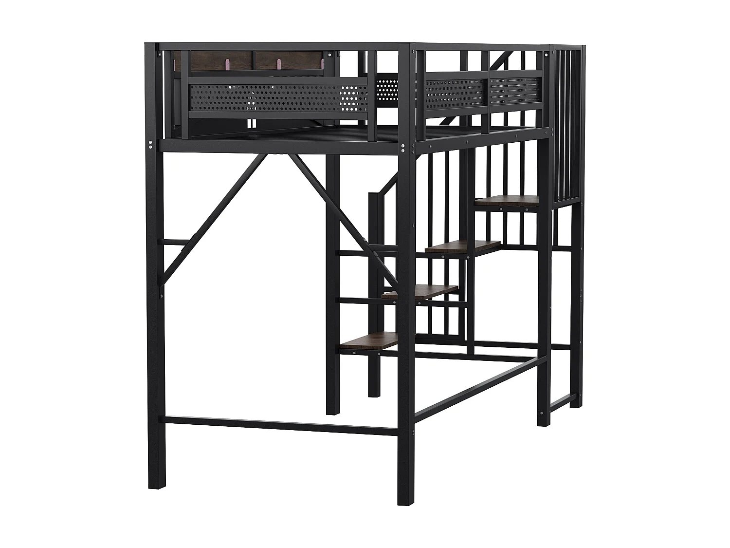 Lit mezzanine noir et bois foncé 90x200cm avec barrières de sécurité et escalier, métal + MDF (sans matelas)