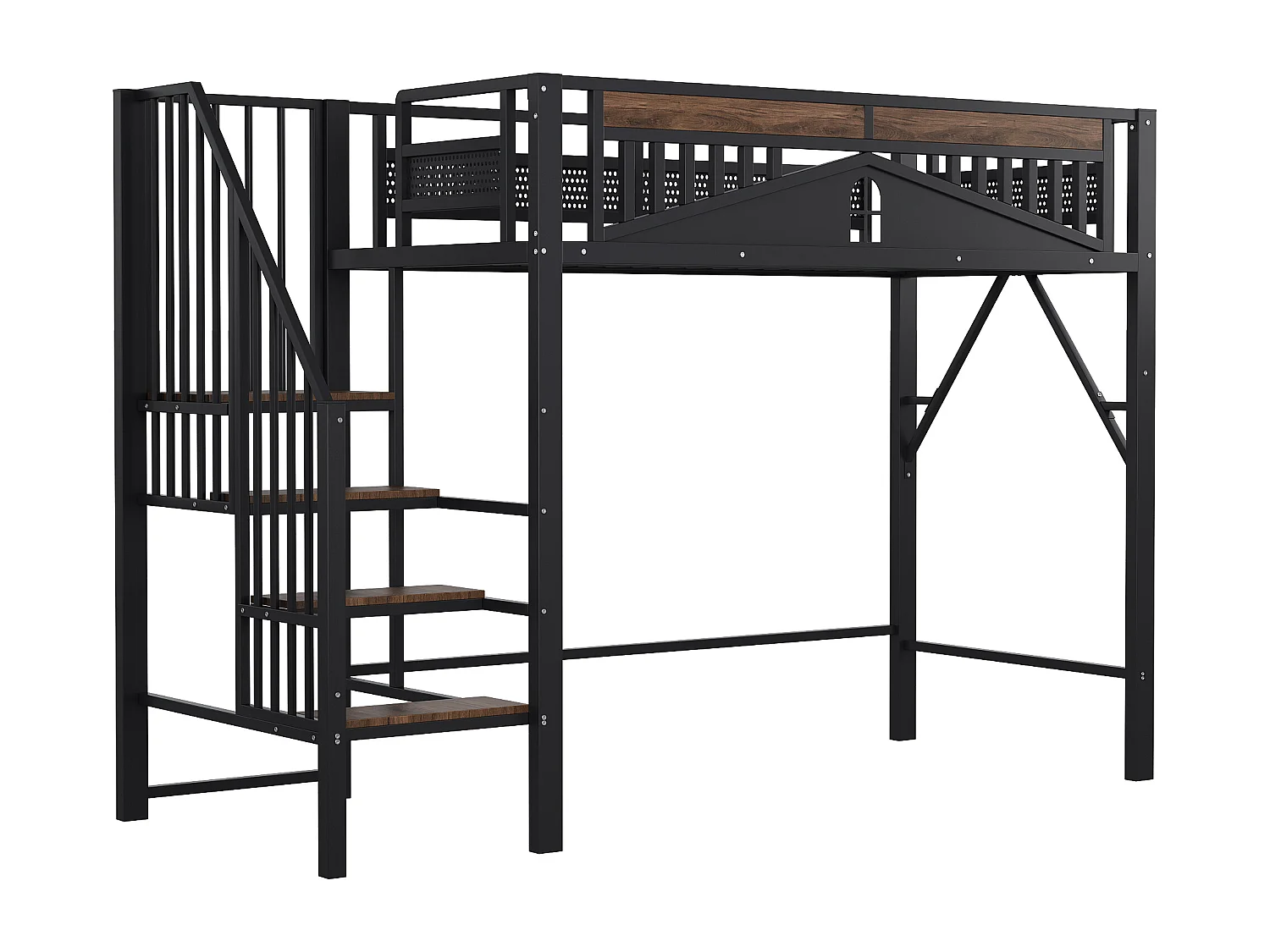 Lit mezzanine noir et bois foncé 90x200cm avec barrières de sécurité et escalier, métal + MDF (sans matelas)