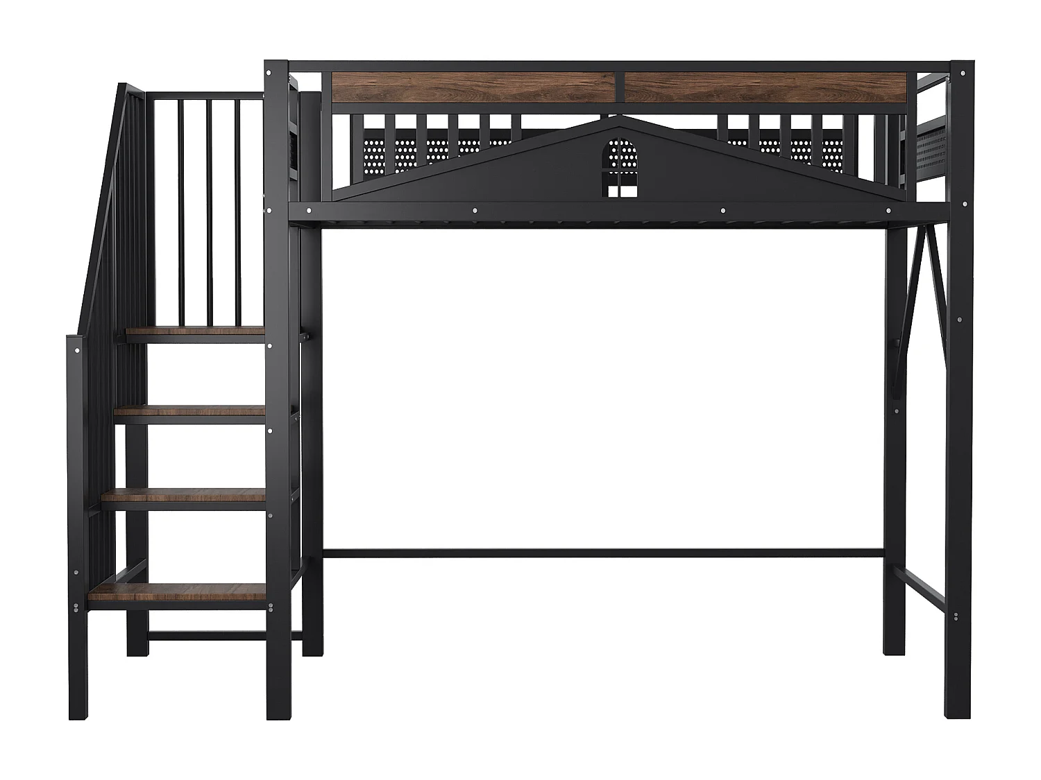 Lit mezzanine noir et bois foncé 90x200cm avec barrières de sécurité et escalier, métal + MDF (sans matelas)