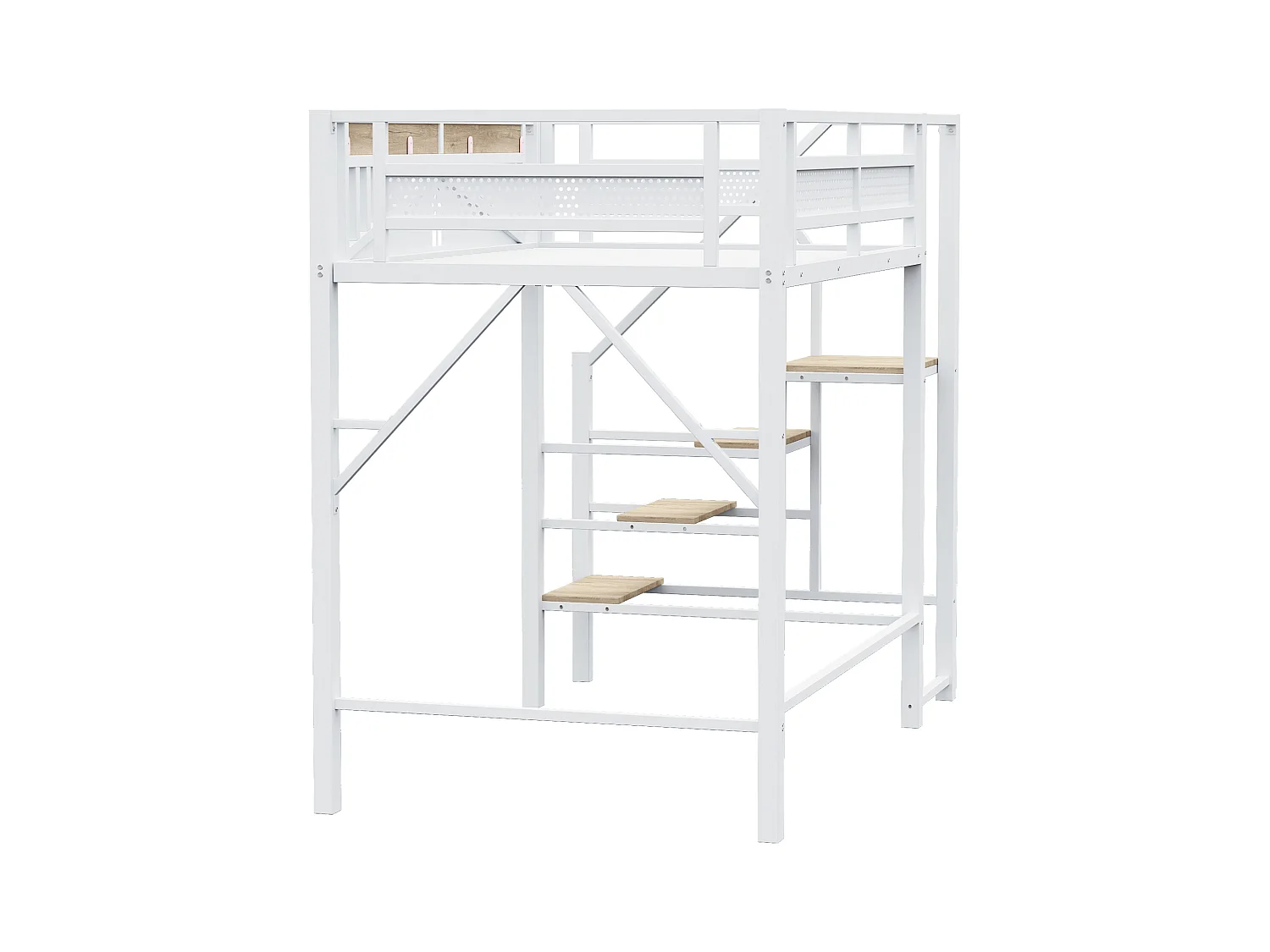 Lit mezzanine blanc et bois 140x200cm avec barrières de sécurité et escalier, métal + MDF (sans matelas)