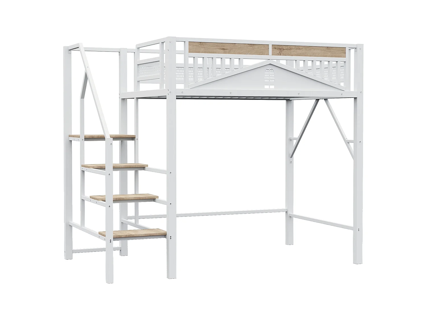 Lit mezzanine blanc et bois 140x200cm avec barrières de sécurité et escalier, métal + MDF (sans matelas)