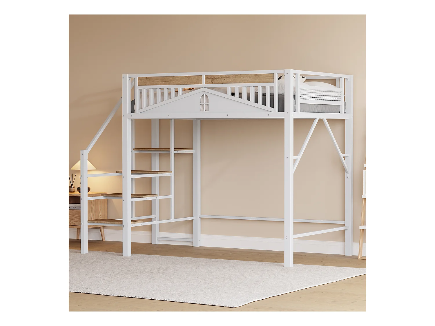 Lit mezzanine blanc et bois 140x200cm avec barrières de sécurité et escalier, métal + MDF (sans matelas)