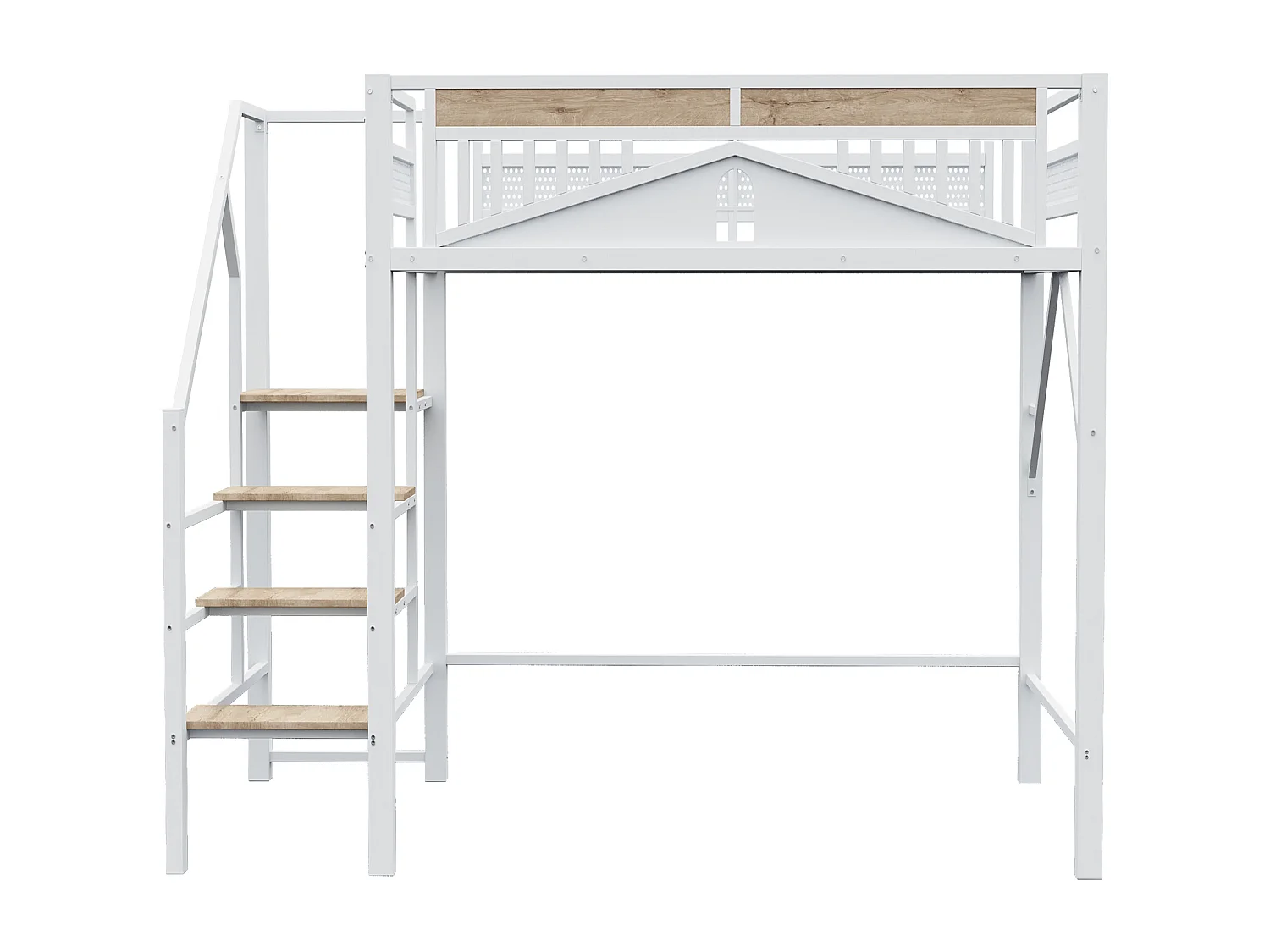 Lit mezzanine blanc et bois 140x200cm avec barrières de sécurité et escalier, métal + MDF (sans matelas)