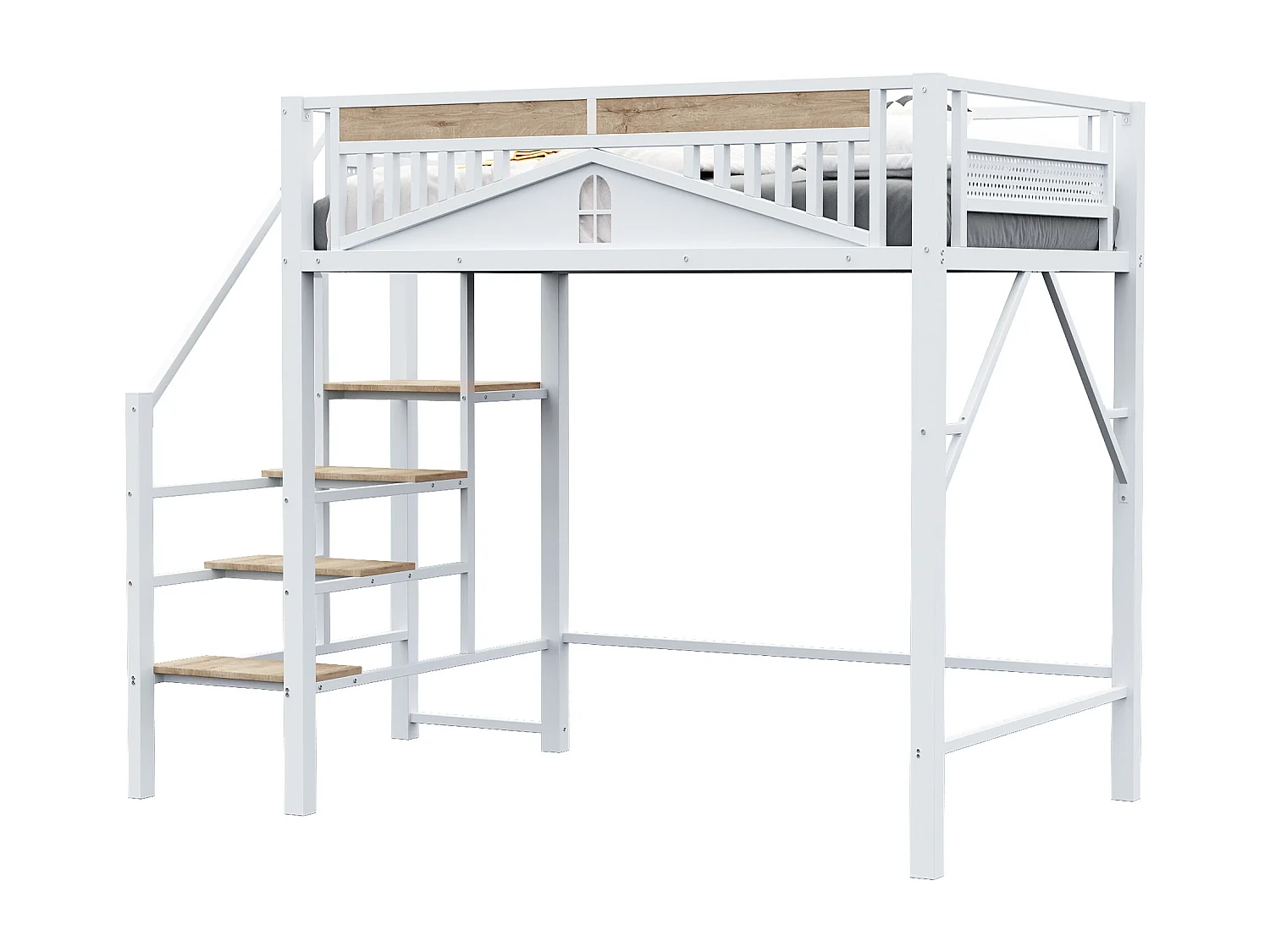 Letto a soppalco bianco e legno 140x200cm con sponde di sicurezza e scaletta, metallo + MDF (senza materasso)