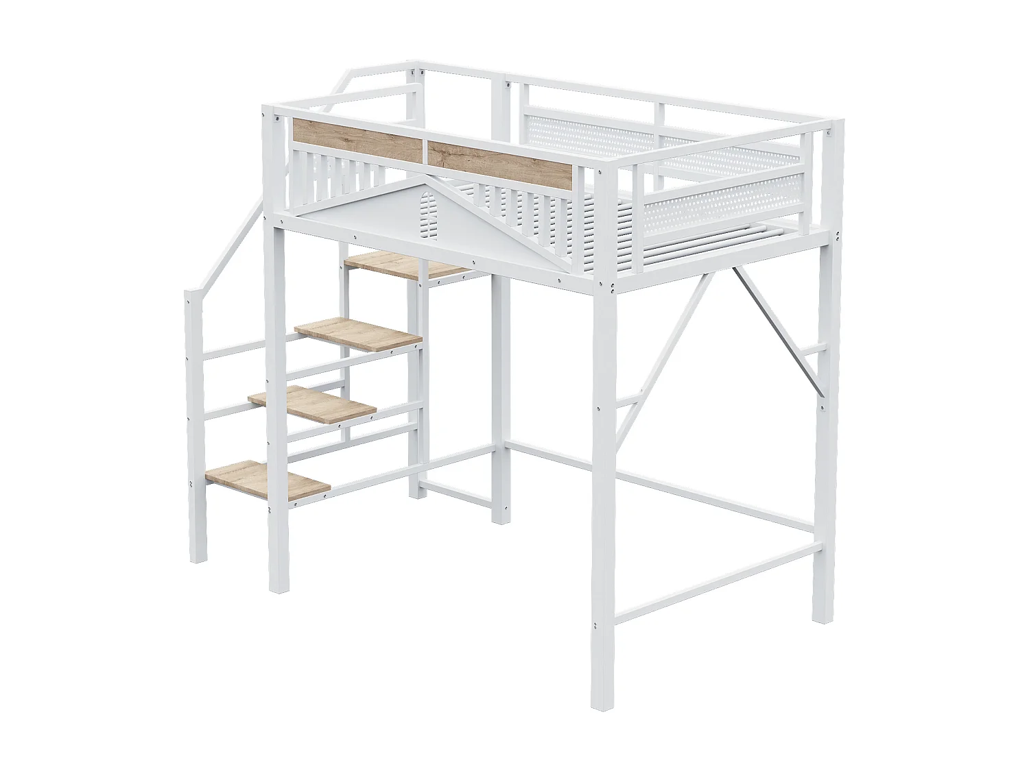 Letto a soppalco bianco e legno 140x200cm con sponde di sicurezza e scaletta, metallo + MDF (senza materasso)