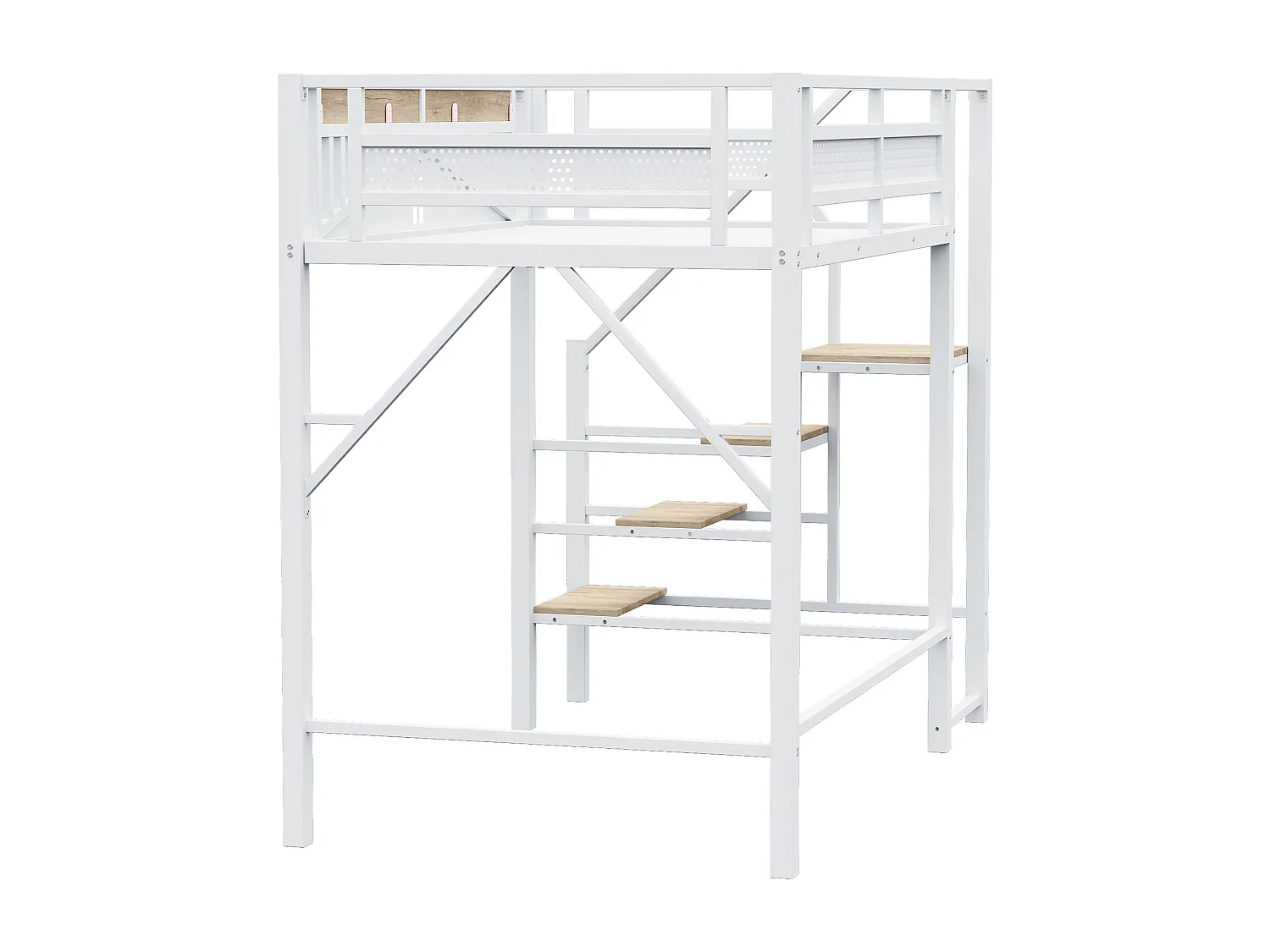 Letto a soppalco bianco e legno 140x200cm con sponde di sicurezza e scaletta, metallo + MDF (senza materasso)