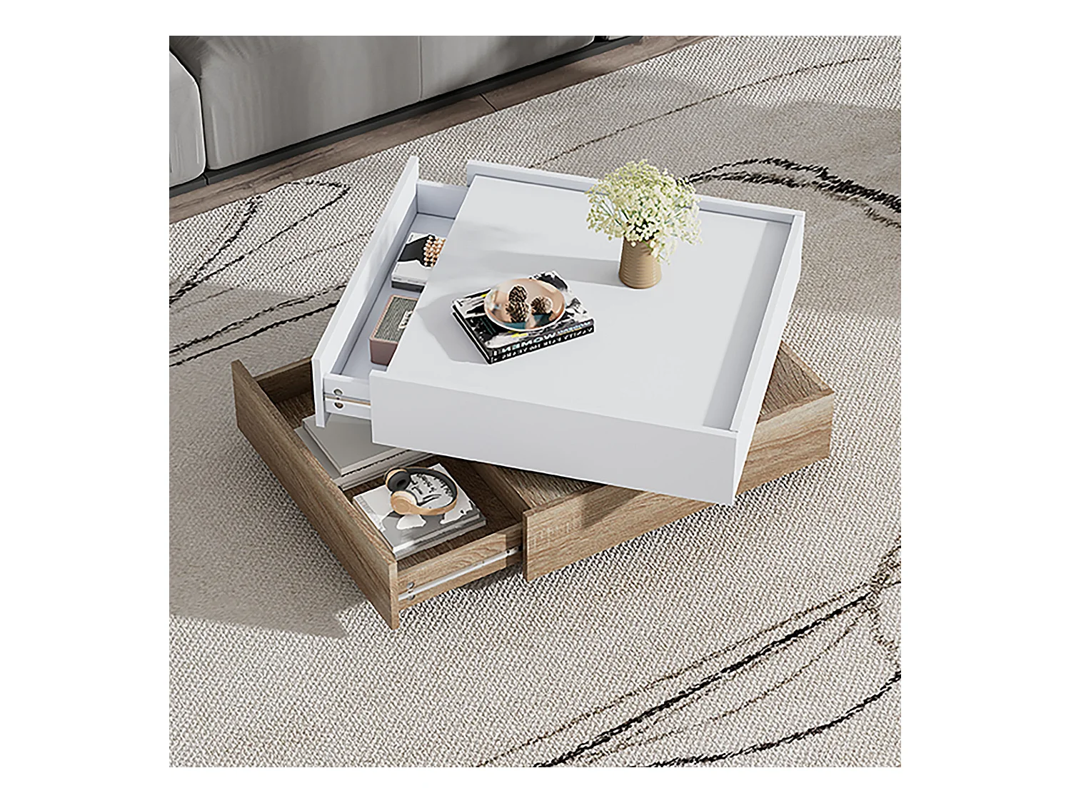 Draaibare salontafel met 2 lades, wit + walnoot, 60x60x38 cm