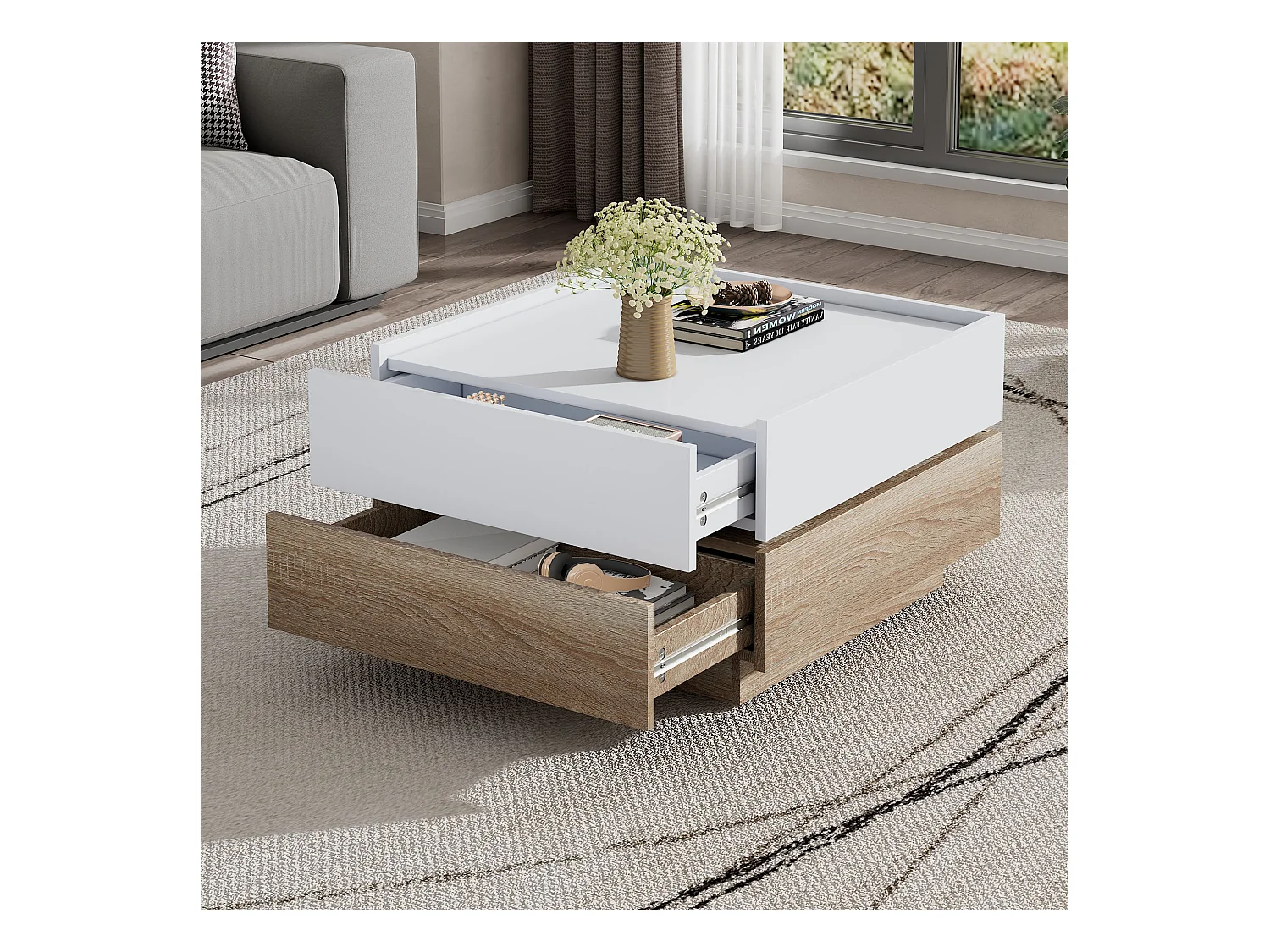 Draaibare salontafel met 2 lades, wit + walnoot, 60x60x38 cm